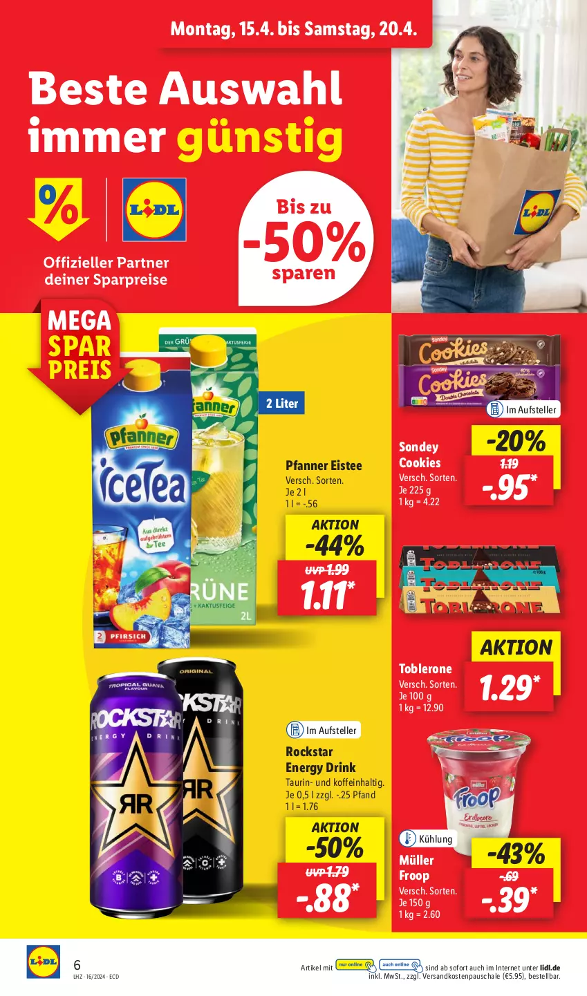 Aktueller Prospekt Lidl - Aktionsprospekt - von 15.04 bis 20.04.2024 - strona 10 - produkty: cookie, cookies, drink, eis, eistee, elle, energy drink, froop, Müller, müller froop, ndk, pfanne, Pfanner, reis, Rockstar, Schal, Schale, Sondey, tee, teller, Ti, toblerone