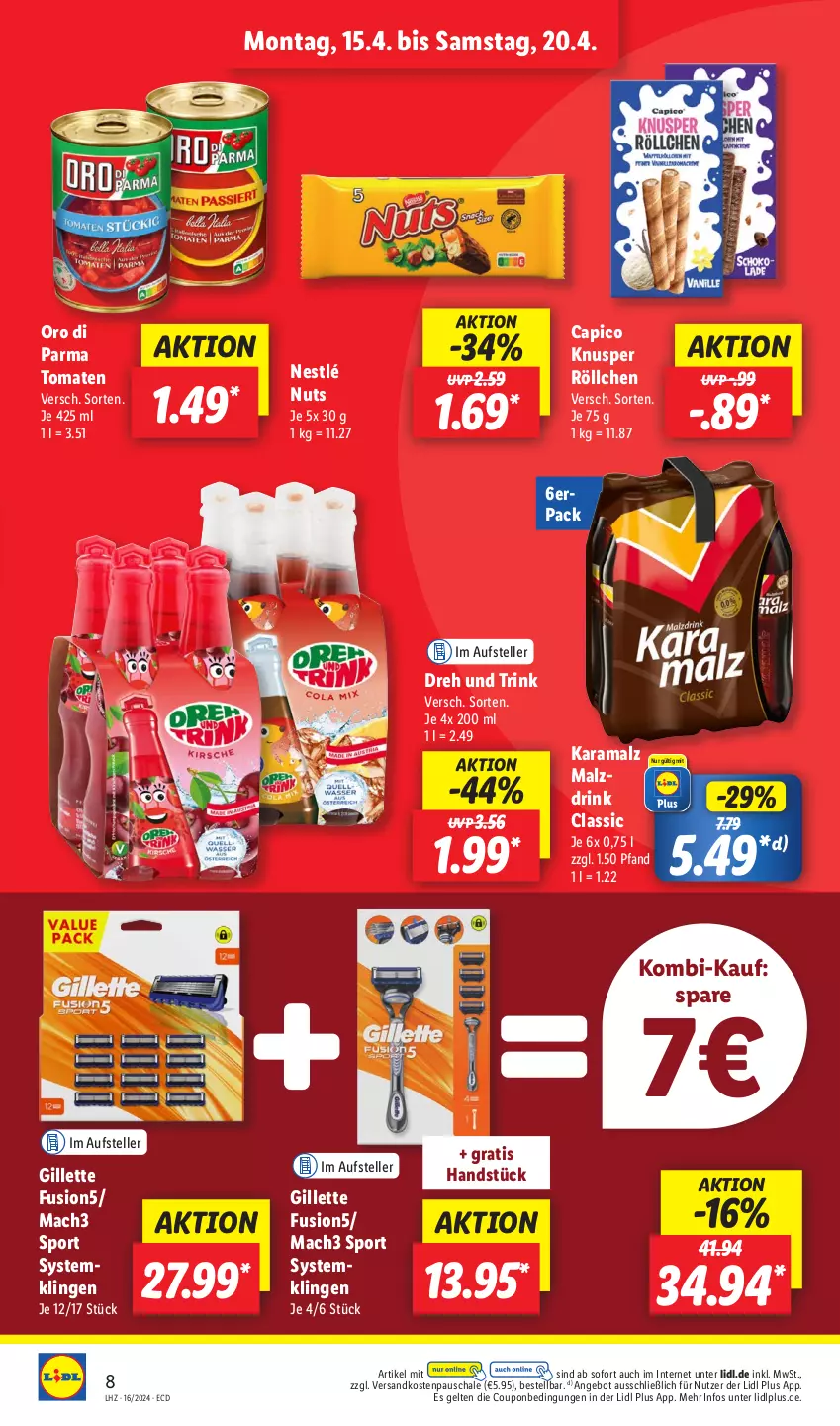 Aktueller Prospekt Lidl - Aktionsprospekt - von 15.04 bis 20.04.2024 - strona 12 - produkty: angebot, Cap, coupon, drink, elle, fusion5, gillette, karamalz, mac, mach3, malz, ndk, nestlé, oro di parma, rama, Schal, Schale, Sport, teller, Ti, tomate, tomaten