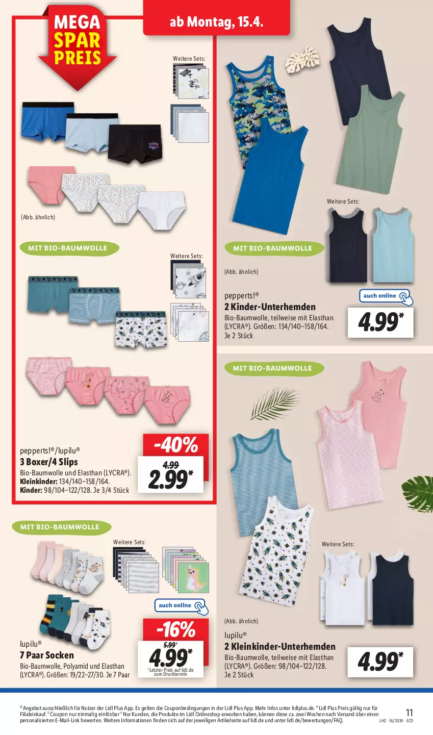 Aktueller Prospekt Lidl - Aktionsprospekt - von 15.04 bis 20.04.2024 - strona 15 - produkty: angebot, Bau, baumwolle, bio, bio-baumwolle, coupon, eis, hemd, hemden, Kinder, Kinder-Unterhemd, lupilu, mit bio-baumwolle, Persona, reis, slip, slips, socken, Ti, Unterhemd, unterhemden, wolle, ZTE