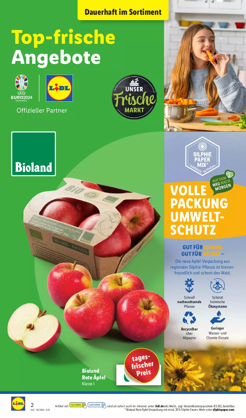 Aktueller Prospekt Lidl - Aktionsprospekt - von 15.04 bis 20.04.2024 - strona 2 - produkty: angebot, angebote, apfel, auer, bio, bioland, eis, ndk, papier, pflanze, reis, ring, Schal, Schale, Ti, wasser