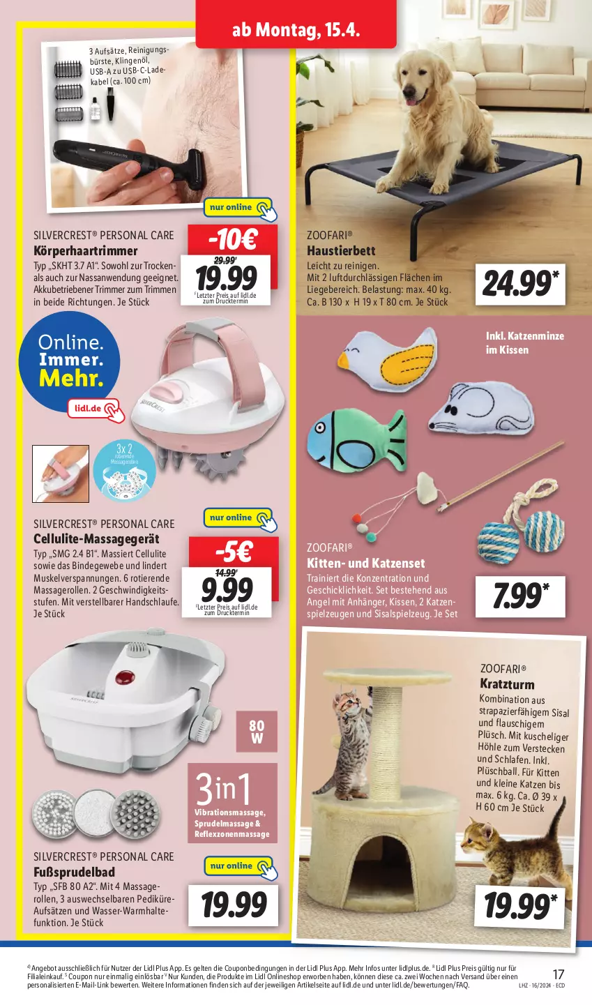 Aktueller Prospekt Lidl - Aktionsprospekt - von 15.04 bis 20.04.2024 - strona 21 - produkty: akku, angebot, Anhänger, aust, Bad, ball, bett, bürste, coupon, deka, eis, Fußsprudelbad, kissen, Körperhaartrimmer, ladekabel, leine, Liege, Massagegerät, minze, Persona, Plüsch, Reinigung, reinigungsbürste, reis, silvercrest, spielzeug, Sprudel, Sprudelbad, Stier, Ti, Tiere, usb, wasser, ZTE