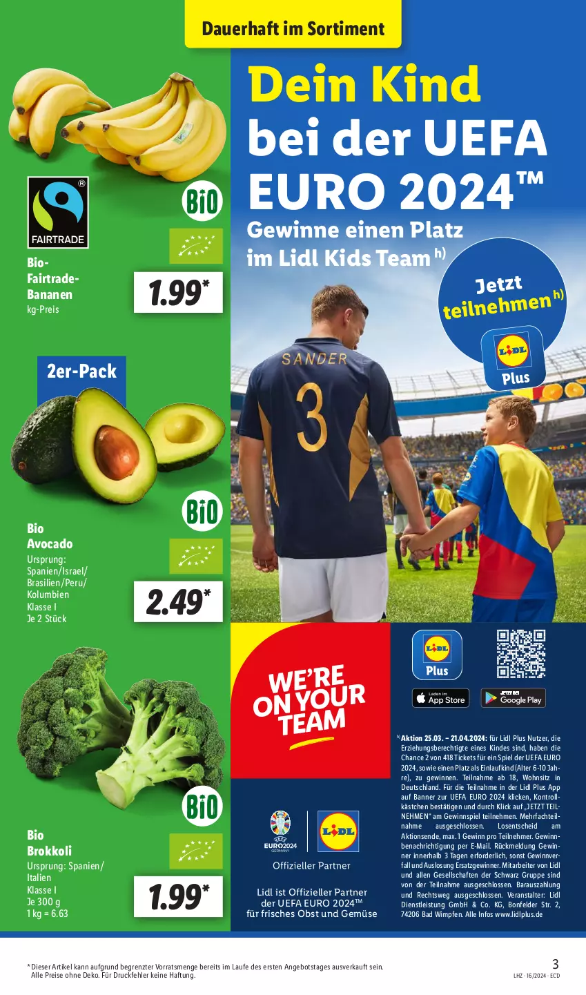 Aktueller Prospekt Lidl - Aktionsprospekt - von 15.04 bis 20.04.2024 - strona 3 - produkty: angebot, auer, avocado, Bad, banane, bananen, bio, brokkoli, eis, elle, gewinnspiel, obst, Obst und Gemüse, reis, Ti, und gemüse, ZTE