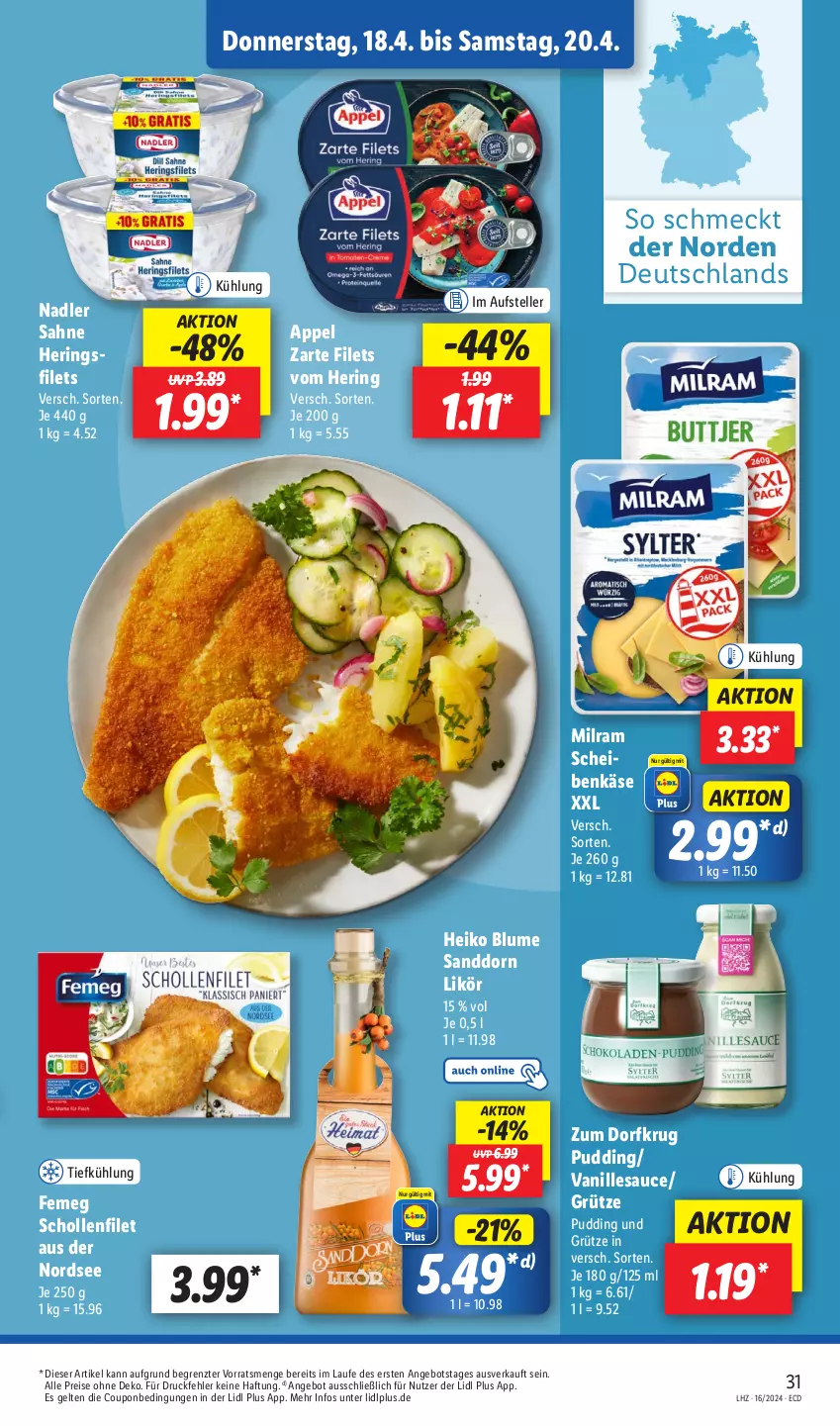 Aktueller Prospekt Lidl - Aktionsprospekt - von 15.04 bis 20.04.2024 - strona 41 - produkty: angebot, blume, coupon, eis, elle, femeg, filet, filets, grütze, hering, Herings, Käse, likör, milram, nadler, Nordsee, pudding, reis, ring, sahne, sanddorn, sauce, scholl, teller, Ti, vanille, Vanillesauce, ZTE, Zum Dorfkrug