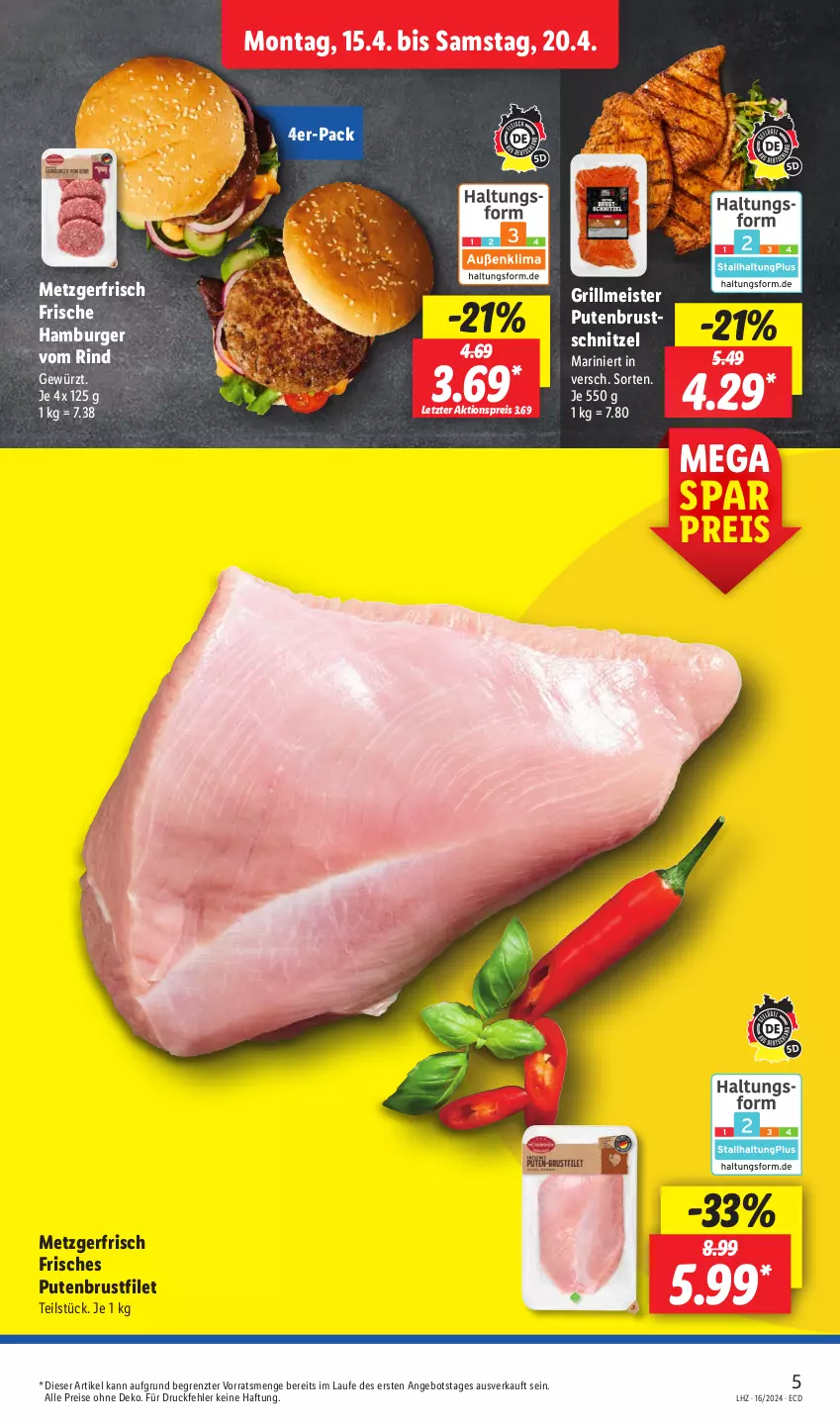 Aktueller Prospekt Lidl - Aktionsprospekt - von 15.04 bis 20.04.2024 - strona 5 - produkty: aktionspreis, angebot, brustfilet, burger, eis, filet, gewürz, grill, hamburger, Meister, pute, putenbrust, putenbrustfilet, reis, rind, schnitzel, Ti, ZTE