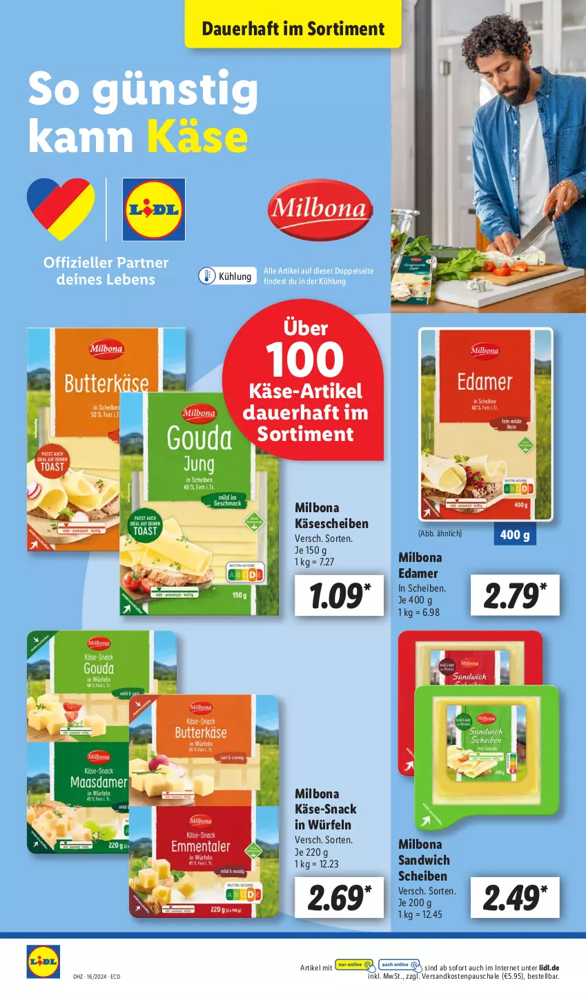 Aktueller Prospekt Lidl - Aktionsprospekt - von 15.04 bis 20.04.2024 - strona 50 - produkty: auer, Bona, edamer, Käse, käsescheiben, Milbona, ndk, sandwich, Schal, Schale, snack, Ti, würfel