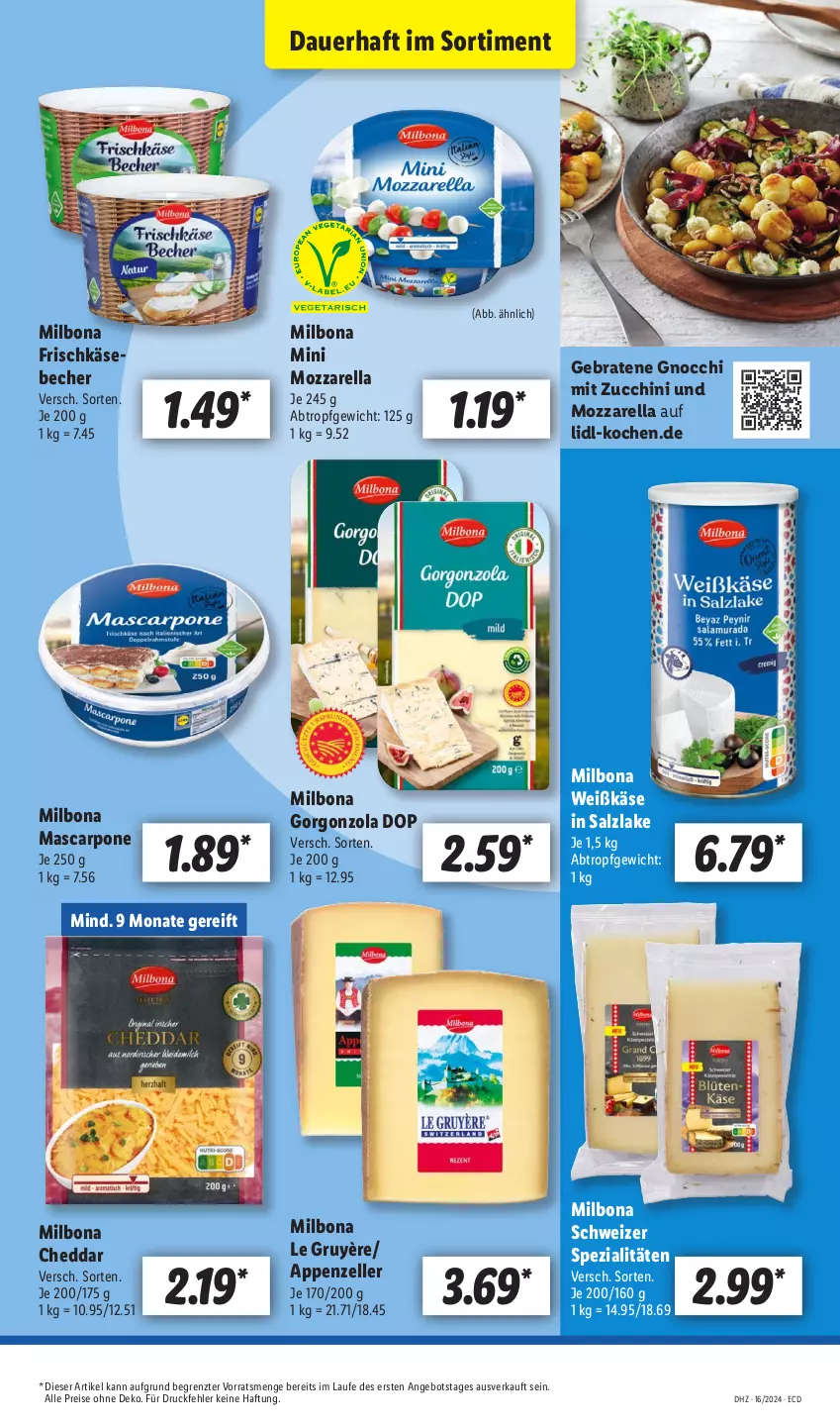 Aktueller Prospekt Lidl - Aktionsprospekt - von 15.04 bis 20.04.2024 - strona 51 - produkty: angebot, appenzeller, auer, Becher, Bona, braten, cheddar, eis, elle, frischkäse, gnocchi, gorgonzola, Käse, mascarpone, Milbona, mozzarella, reis, rel, salz, Spezi, Ti, ZTE, zucchini