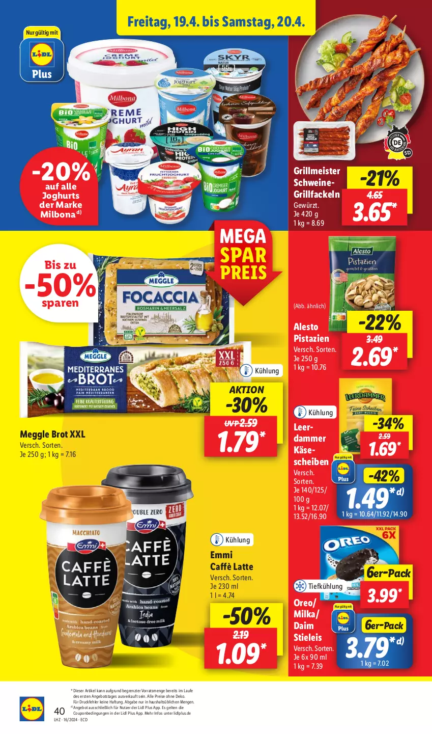 Aktueller Prospekt Lidl - Aktionsprospekt - von 15.04 bis 20.04.2024 - strona 52 - produkty: alesto, angebot, Bona, brot, caffè latte, coupon, daim, drucker, eis, emmi, Engel, gewürz, grill, grillfackeln, joghur, joghurt, Käse, käsescheiben, kerze, latte, leerdammer, meggle, Meister, Milbona, milka, oreo, papier, pistazien, reis, schwein, schweine, stieleis, Ti, wein, weine, ZTE