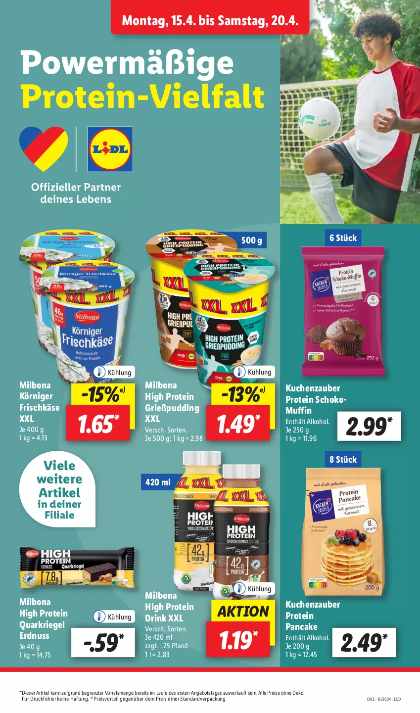 Aktueller Prospekt Lidl - Aktionsprospekt - von 15.04 bis 20.04.2024 - strona 7 - produkty: alkohol, angebot, Bona, drink, eis, erdnuss, frischkäse, Grießpudding, Käse, Körniger Frischkäse, kuchen, Milbona, Muffin, nuss, preisvorteil, pudding, quark, Quarkriegel, reis, riegel, schoko, Ti, ZTE