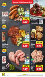 Gazetka promocyjna Lidl - Aktionsprospekt - Gazetka - ważna od 20.04 do 20.04.2024 - strona 4 - produkty: bratwurst, dell, eis, elle, frikadellen, geschnetzeltes, gewürz, grill, grobe bratwurst, Hähnchengeschnetzeltes, hüftsteak, hüftsteaks, kräuter, Meister, natur, ndk, preisvorteil, pute, reis, rezept, rezepte, Schal, Schale, schwein, schweine, steak, steaks, Ti, wein, weine, wiesenhof, wurst, Zelt