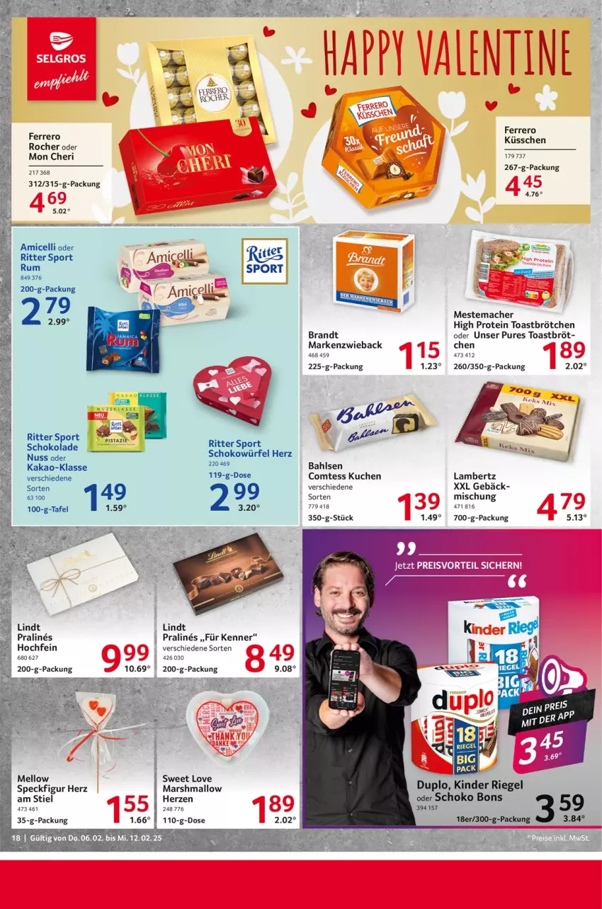 Aktueller Prospekt Selgros - Food - von 06.02 bis 12.02.2025 - strona 18 - produkty: Amber, amicelli, bahlsen, brandt, brötchen, comtess, comtess kuchen, eis, ferrero, Ferrero Küsschen, kakao, kuchen, lambertz, lindt, mac, Markenzwieback, mars, mestemacher, nuss, reis, ritter, ritter sport, schoko, schokolade, schokowürfel, Speck, Sport, tee, Ti, toast, würfel