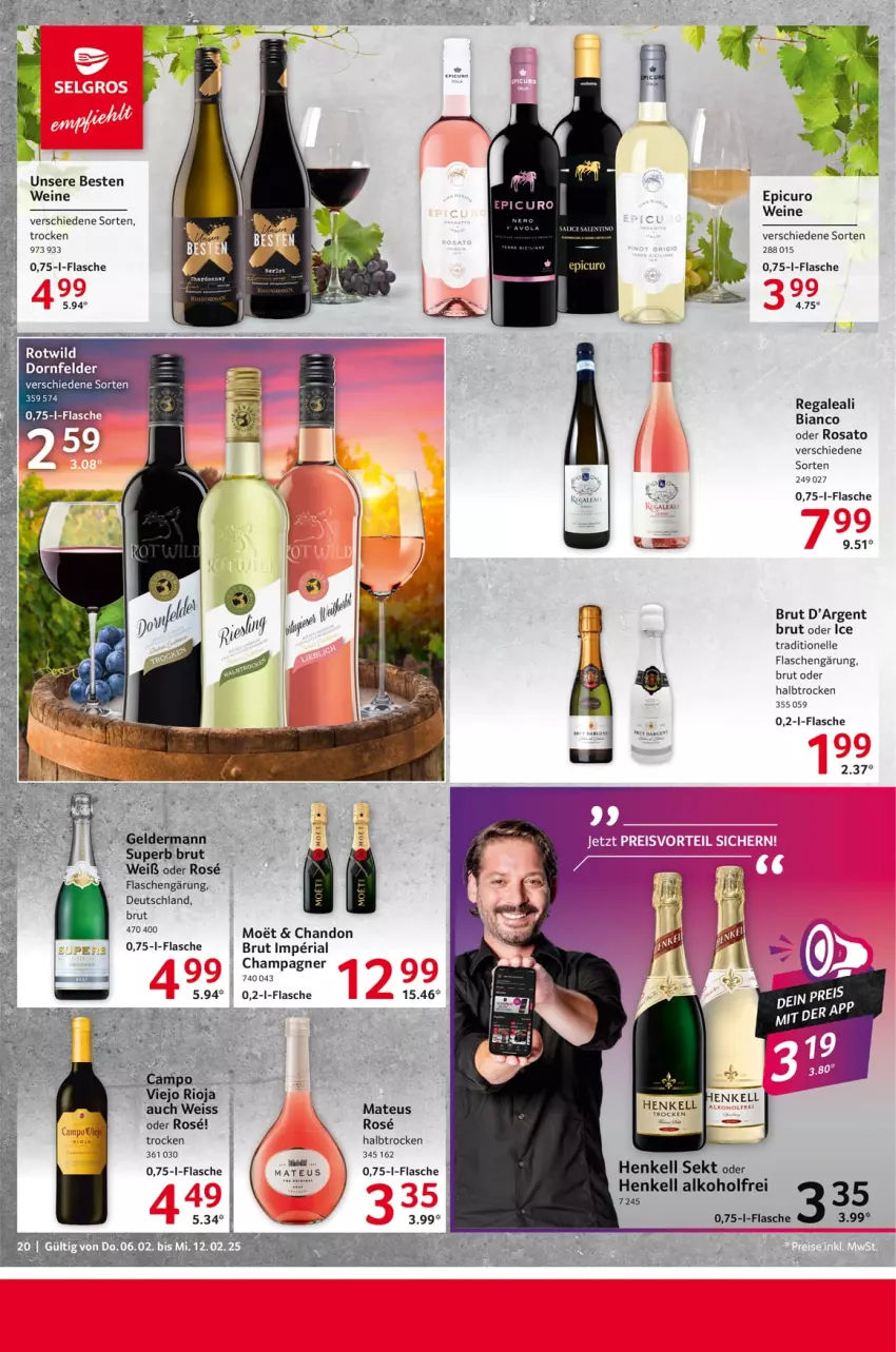 Aktueller Prospekt Selgros - Food - von 06.02 bis 12.02.2025 - strona 20 - produkty: alkohol, brut, champagne, champagner, dornfelder, eier, eis, elle, flasche, geldermann, henkel, henkell, henkell sekt, mateus, regal, Ria, rioja, rosato, sekt, Ti, wein, weine