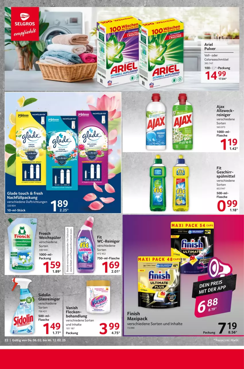 Aktueller Prospekt Selgros - Food - von 06.02 bis 12.02.2025 - strona 22 - produkty: ajax, ariel, Blüte, colorwaschmittel, Finish, flasche, Frosch, geschirr, Glade, Glasreiniger, reiniger, sidolin, spülmittel, Ti, vanish, waschmittel, wc-reiniger, weck, weichspüler