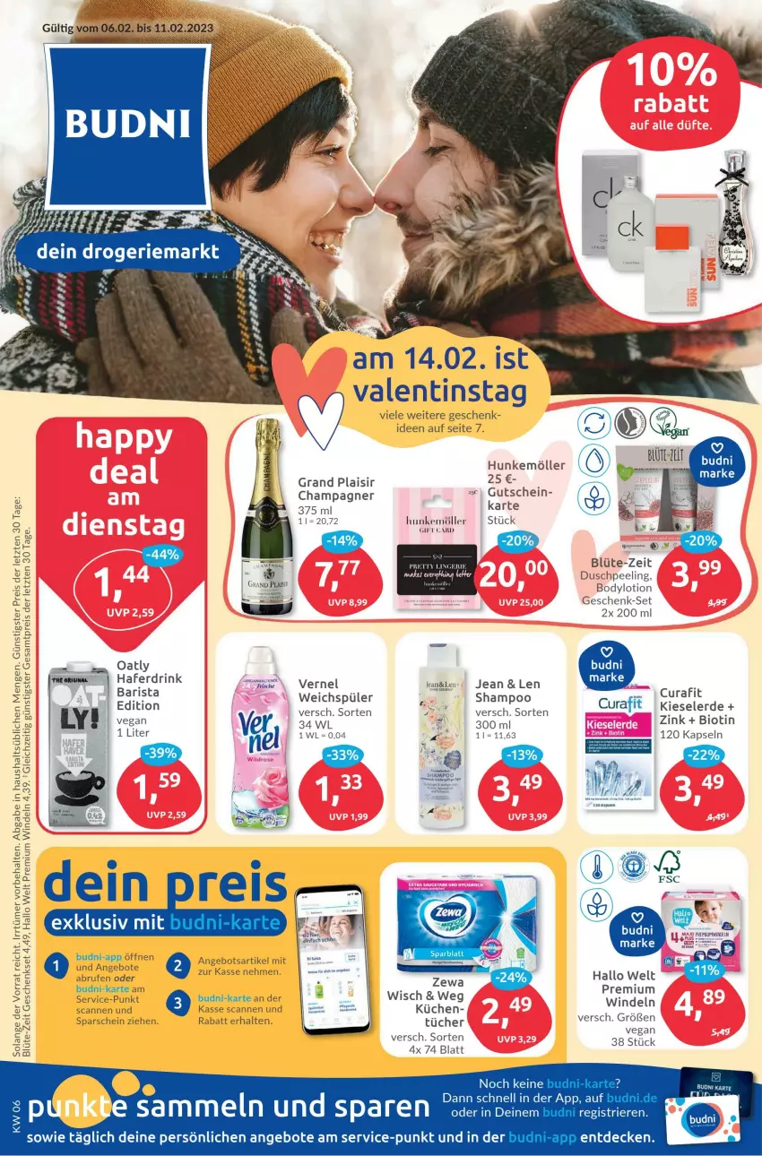 Aktueller Prospekt Budni - Prospekte - von 06.02 bis 11.02.2023 - strona 1 - produkty: angebot, angebote, Blüte, body, bodylotion, champagne, champagner, cin, decke, eis, geschenkset, gutschein, HP, küche, Küchen, Lotion, Peeling, reis, shampoo, Ti, vernel, weichspüler, windeln, ZTE