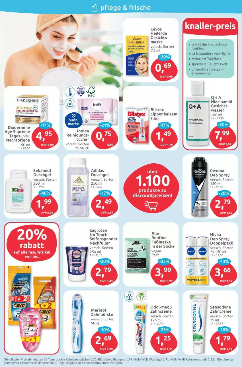 Aktueller Prospekt Budni - Prospekte - von 06.02 bis 11.02.2023 - strona 2 - produkty: Adidas, balsam, Blüte, bürste, cin, creme, deo, deo spray, Diadermine, discount, duschgel, eis, erde, Gesichtswasser, LG, Lippenbalsam, Maske, meridol, nachtpflege, nivea, Odol, Reinigung, reinigungstücher, reis, rexona, sagrotan, sebamed, Seife, seifenspender, sensodyne, shampoo, Ti, tücher, uhr, waschgel, wasser, zahnbürste, zahncreme, ZTE