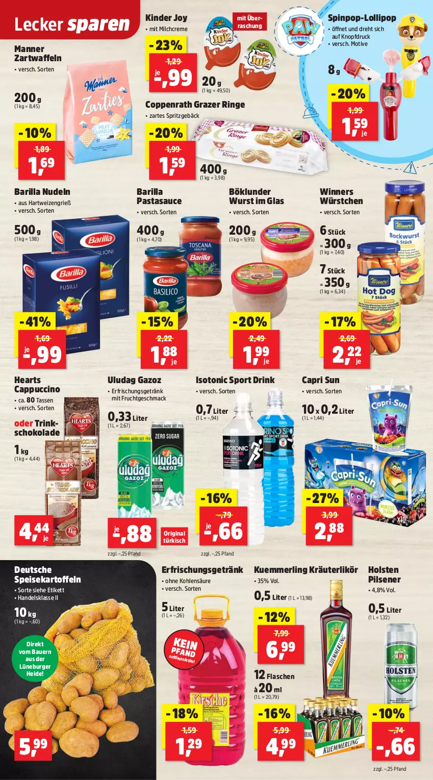 Aktueller Prospekt Thomas Philipps - von 04.08 bis 09.08.2025 - strona 7 - produkty: auer, barilla, Bau, Bauer, böklunder, burger, Cap, cappuccino, cin, coppenrath, creme, drink, eis, erfrischungsgetränk, flasche, frucht, getränk, gin, hartweizen, holsten, holsten pilsener, kartoffel, kartoffeln, Kinder, kräuter, kräuterlikör, kuemmerling, likör, mac, Manner, merl, milch, mit frucht, nudel, nudeln, pasta, pils, pilsener, Razer, ring, sauce, schoko, schokolade, speisekartoffeln, Sport, Spritzgebäck, tasse, Ti, tonic, waffeln, wurst, würstchen