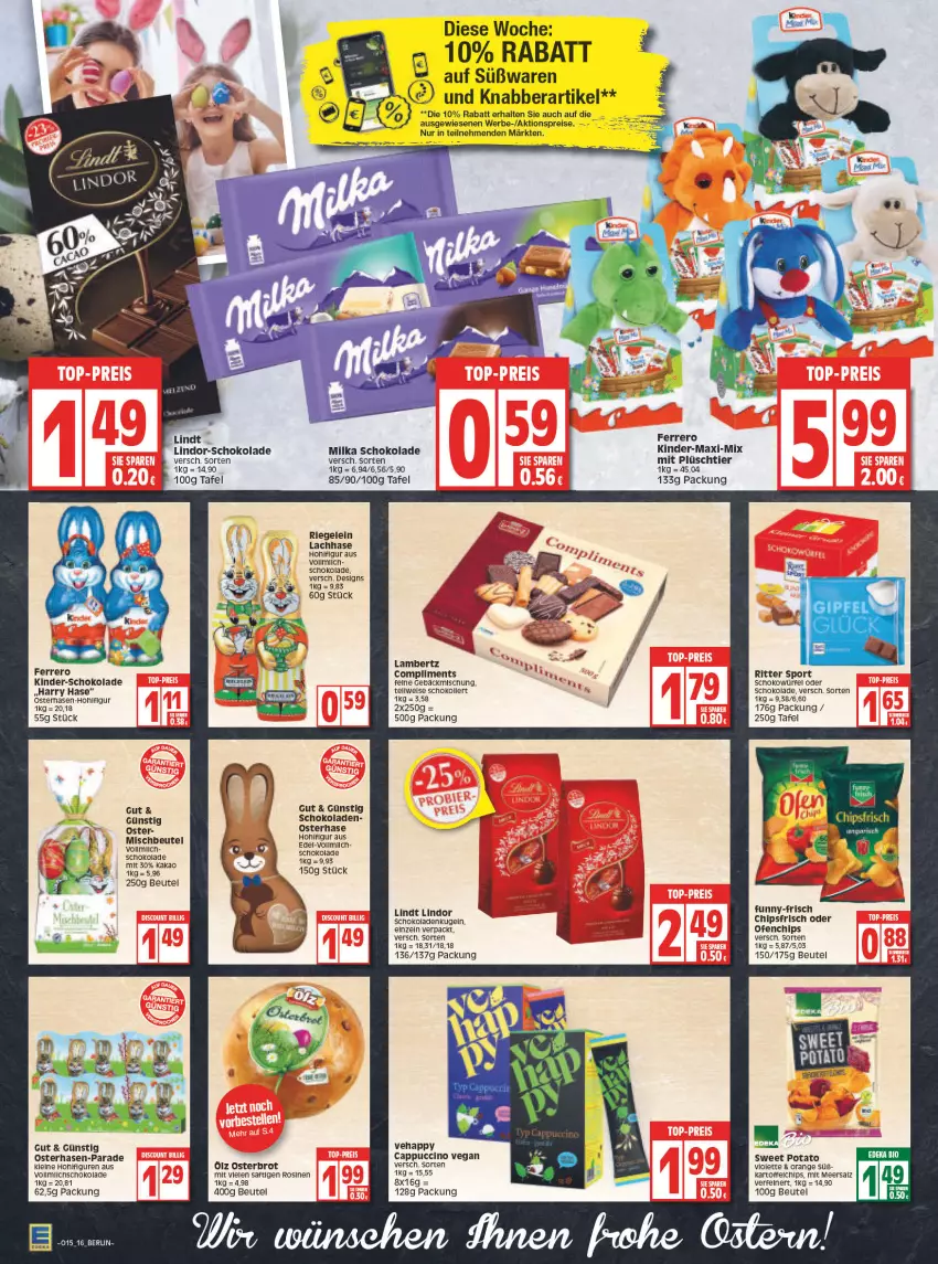 Aktueller Prospekt Edeka - Angebote der Woche - von 11.04 bis 16.04.2022 - strona 16 - produkty: aktionspreis, Amber, beutel, brot, Cap, cappuccino, chips, chipsfrisch, cin, eis, Feine Gebäckmischung, ferrero, funny-frisch, gebäckmischung, kakao, kartoffel, kartoffelchips, Kinder, Kugel, lambertz, leine, LG, lindor, lindt, meersalz, milka, milka schokolade, Ofen, orange, Plüsch, reis, riegel, ritter, ritter sport, saft, salz, schoko, schokolade, schokoladen, schokowürfel, Sport, Ti, Wels, würfel