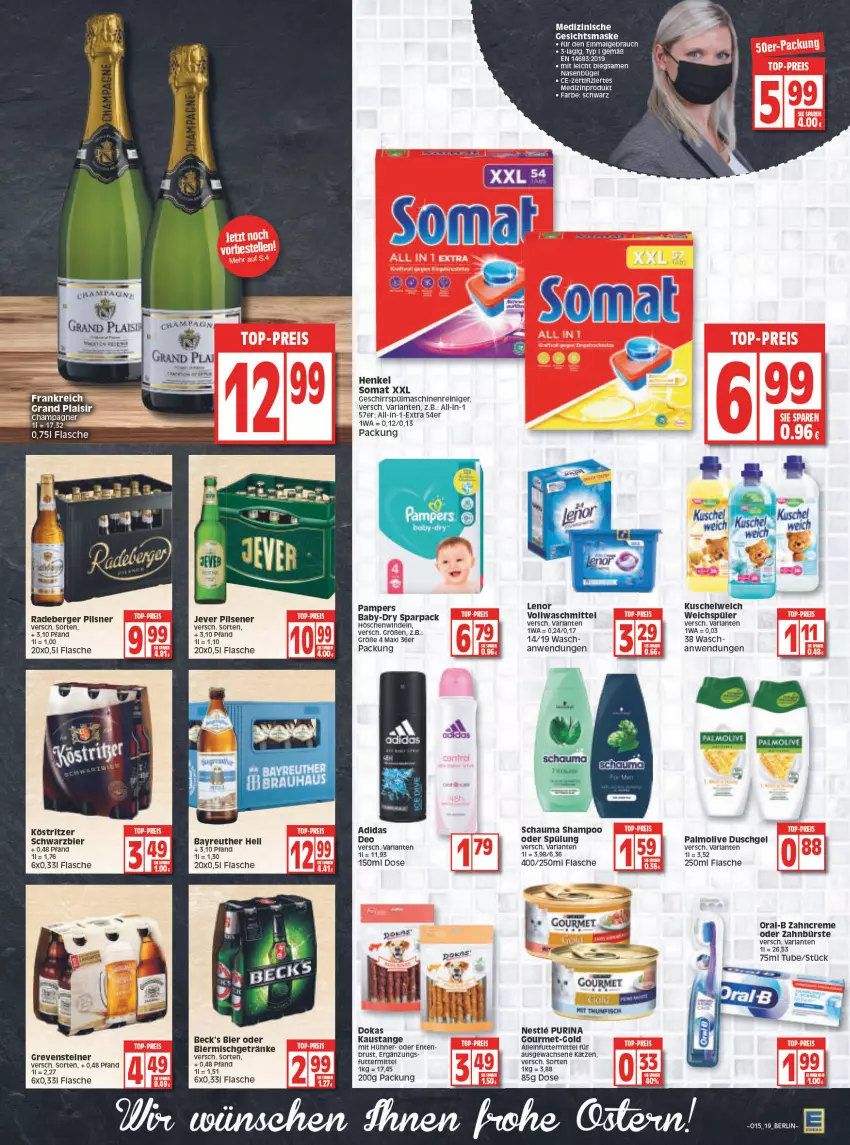 Aktueller Prospekt Edeka - Angebote der Woche - von 11.04 bis 16.04.2022 - strona 19 - produkty: Adidas, alleinfuttermittel, arla, aust, baby-dry, Berger, bier, bügel, bürste, creme, deo, duschgel, ente, flasche, geschirr, Gesichtsmaske, getränk, getränke, grevensteiner, henkel, hühner, jever, köstritzer, Kuschelweich, lenor, LG, maschinenreiniger, Maske, medizinprodukt, olive, oral-b, palmolive, pampers, purina, radeberger, Rauch, reiniger, Ria, schauma, schauma shampoo, shampoo, somat, spülmaschinen, spülung, steiner, Ti, vollwaschmittel, waschmittel, weichspüler, windeln, zahnbürste, zahncreme