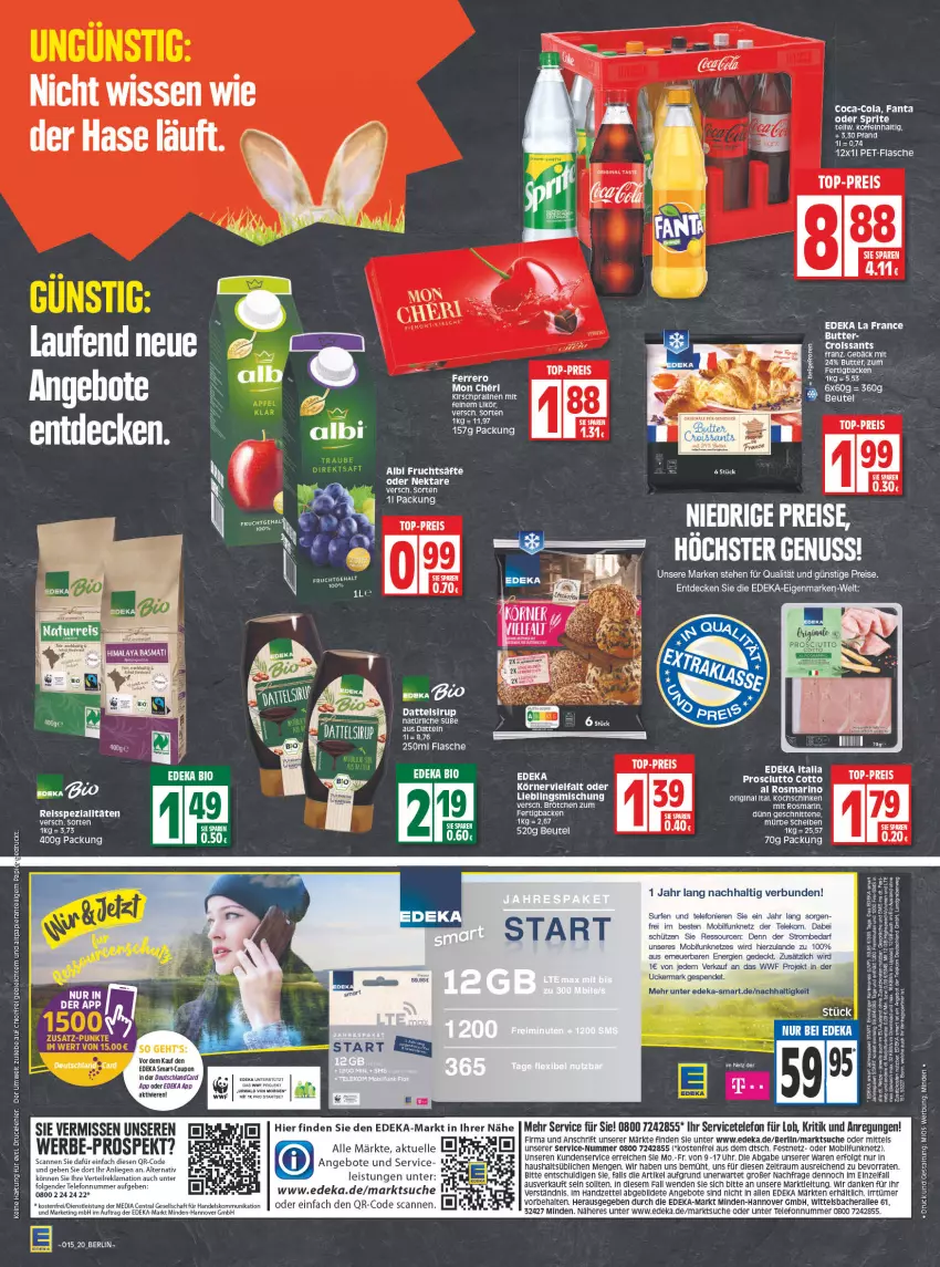 Aktueller Prospekt Edeka - Angebote der Woche - von 11.04 bis 16.04.2022 - strona 20 - produkty: angebot, angebote, basmati, beutel, bio, brötchen, butter, coca-cola, cola, coupon, Datteln, Dattelsirup, decke, deka, deutschlandcard, edeka bio, eis, elle, fanta, flasche, frucht, fruchtsäfte, gin, kochschinken, LG, Liege, Nektar, prosciutto, prosciutto cotto, rama, reis, reiss, rel, rosmarin, säfte, schinken, schnitten, Schütze, sirup, Spezi, Surf, tee, telefon, Ti, top-preis, uhr