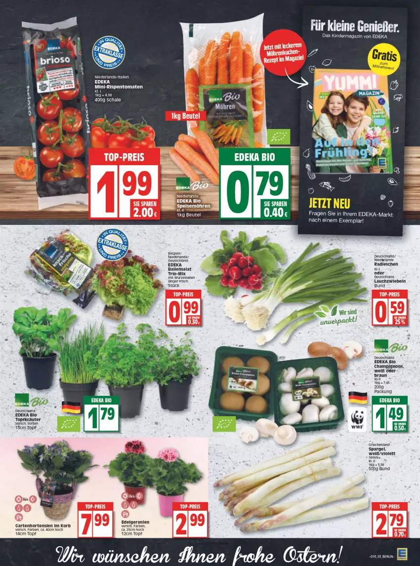 Aktueller Prospekt Edeka - Angebote der Woche - von 11.04 bis 16.04.2022 - strona 3 - produkty: ball, bio, braun, champignon, champignons, deka, edeka bio, eis, Garten, geranie, geranien, hortensie, hortensien, Kinder, korb, kräuter, Lauchzwiebel, lauchzwiebeln, LG, magazin, mini-rispentomaten, möhren, reis, rispentomaten, salat, Schal, Schale, spargel, speisemöhren, tee, tomate, tomaten, top-preis, topf, Topfkräuter, zwiebel, zwiebeln