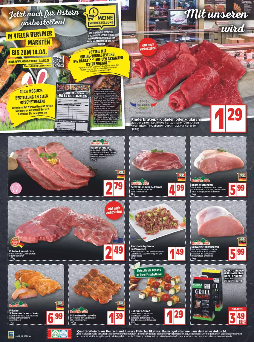 Aktueller Prospekt Edeka - Angebote der Woche - von 11.04 bis 16.04.2022 - strona 4 - produkty: auer, Bau, Bauer, bauerngut, braten, buch, deka, dell, eduscho, eis, elle, ente, filet, filets, fleisch, gin, grill, grill-holzkohle, gutschein, Halloumi, Holz, holzkohle, jungbullen, kalbsschnitzel, Käse, Krustenschinken, küche, Küchen, lachs, Lachsbraten, lebensmittel, LG, mac, milch, nuss, reis, rel, rind, rinder, rinderbraten, ritter, rouladen, Rückensteak, rückensteaks, Schal, Schale, schinken, schnitten, schnitzel, schwein, schweine, schweinefilet, Schweinelachs, schweinenacken, schweinerücken, steak, steaks, Tchibo, tee, Ti, top-preis, wein, weine