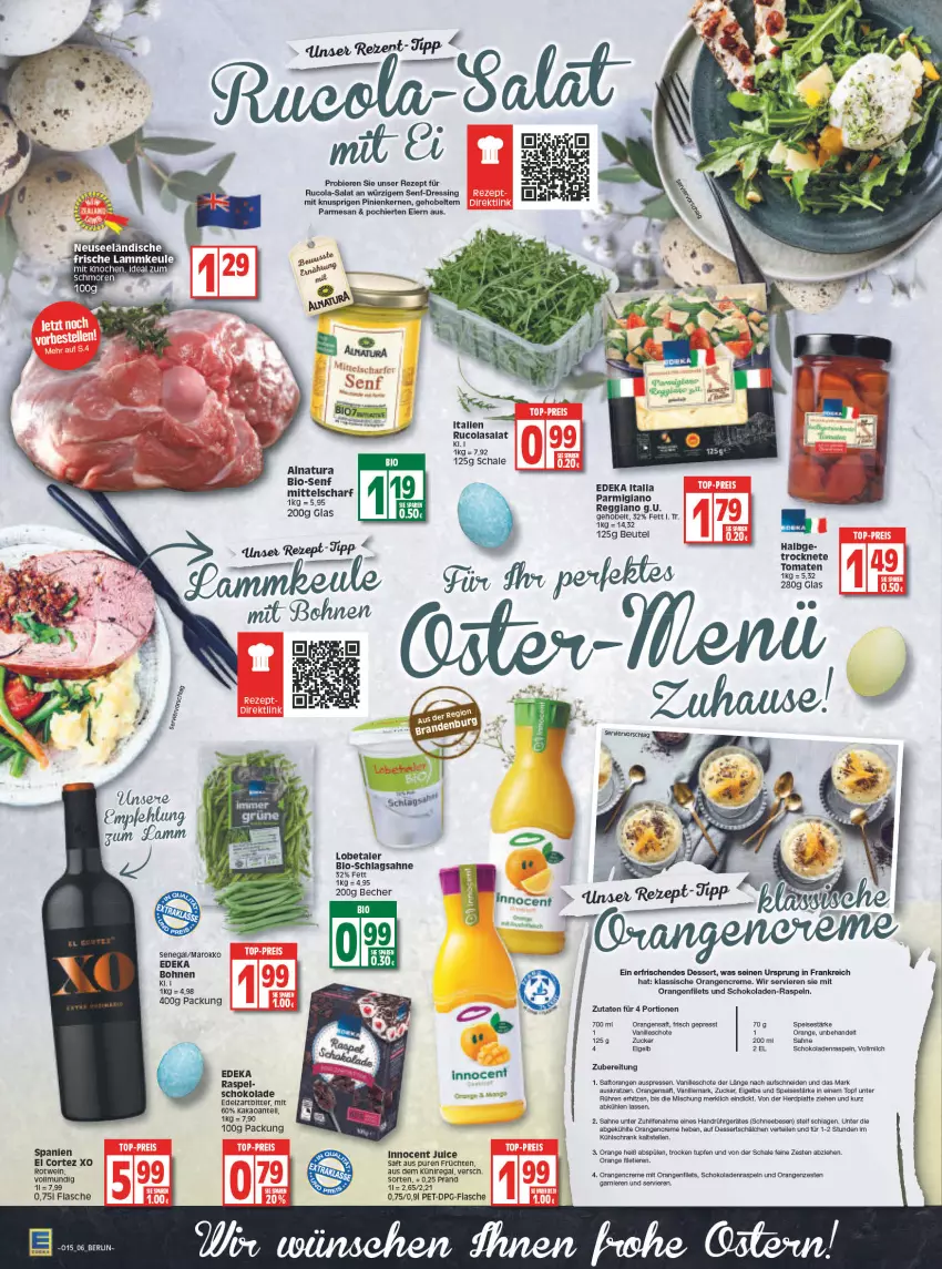 Aktueller Prospekt Edeka - Angebote der Woche - von 11.04 bis 16.04.2022 - strona 6 - produkty: Becher, beutel, bier, Biere, bio, bohne, bohnen, cola, creme, deka, dessert, desserts, dressing, eier, eis, elle, filet, filets, flasche, früchte, früchten, garnier, Innocent, kakao, kühlschrank, latte, milch, natur, natura, orange, orangen, orangensaft, parmigiano, pinienkerne, rezept, rucola, saft, Saftorangen, sahne, salat, Schal, Schale, schlagsahne, Schneebesen, schoko, schokolade, schokoladen, Schrank, senf, Spülen, tee, Ti, Tiere, tomate, tomaten, topf, vanille, vollmilch, zucker