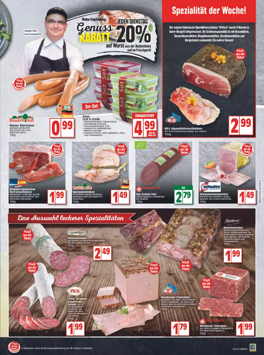 Aktueller Prospekt Edeka - Angebote der Woche - von 11.04 bis 16.04.2022 - strona 7 - produkty: Abtei, auer, aufschnitt, Babynahrung, Blüte, braten, broccoli, burger, deka, eis, emsa, fleisch, garnier, Germ, gewürz, gin, gurke, gurken, Heu, HP, knoblauch, LG, mac, meerrettich, mit knoblauch, Neuburger, nuss, Rettich, rohschinken, rosen, rwe, salami, schinken, schnitten, serrano, spargel, spargelschinken, Spezi, Sport, tafelspitz, tee, Ti, wiener, wiener würstchen, wiltmann, würfel, wurst, würstchen, zwiebel