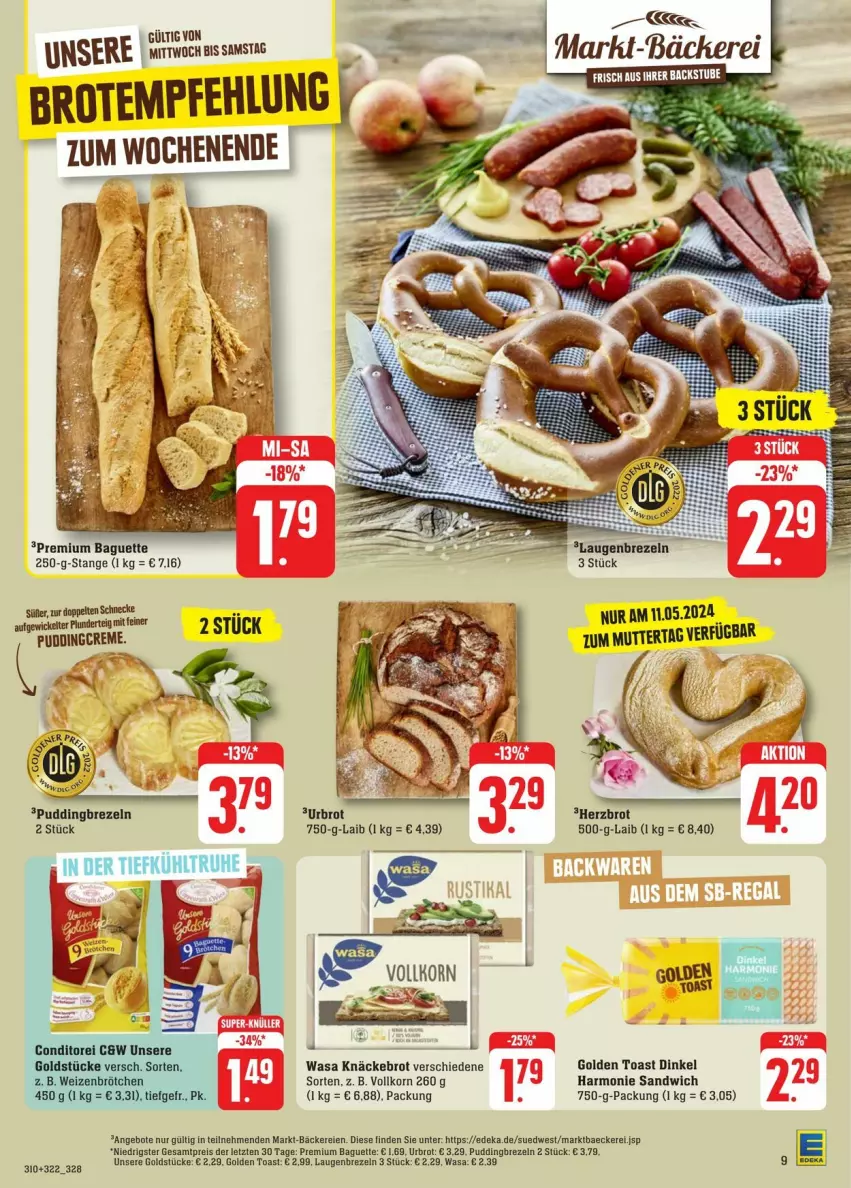 Aktueller Prospekt Edeka - Prospekte - von 04.05 bis 11.05.2024 - strona 11 - produkty: baguette, brezel, Brezeln, brot, eis, golden toast, Goldstücke, knäckebrot, korn, Laugenbrezel, pudding, reis, sandwich, toast, wasa, ZTE