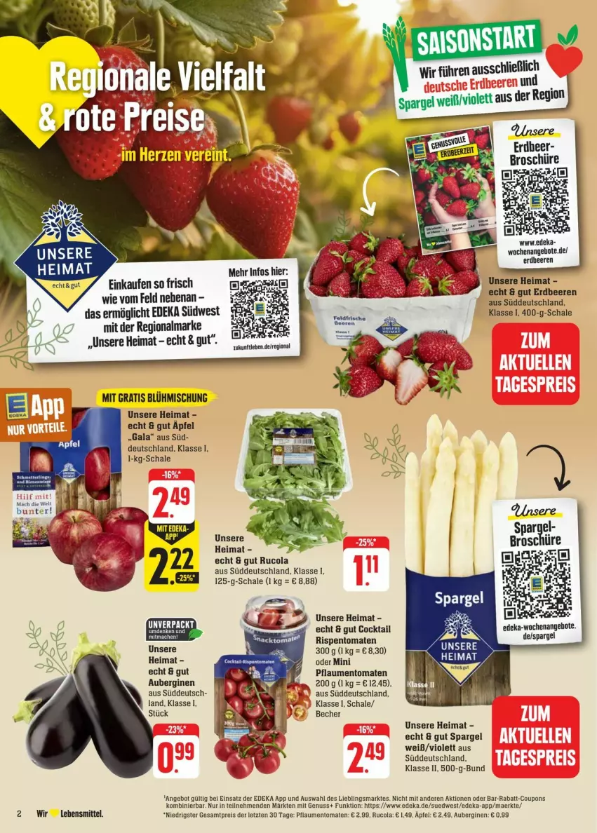 Aktueller Prospekt Edeka - Prospekte - von 04.05 bis 11.05.2024 - strona 2 - produkty: angebot, angebote, aubergine, auberginen, Becher, beere, beeren, cocktail, cola, coupon, coupons, deka, eis, erdbeere, erdbeeren, gin, lebensmittel, nuss, pflaume, pflaumen, rabatt-coupon, reis, rispentomaten, rucola, Schal, Schale, spargel, südwest, Ti, tomate, tomaten, ZTE