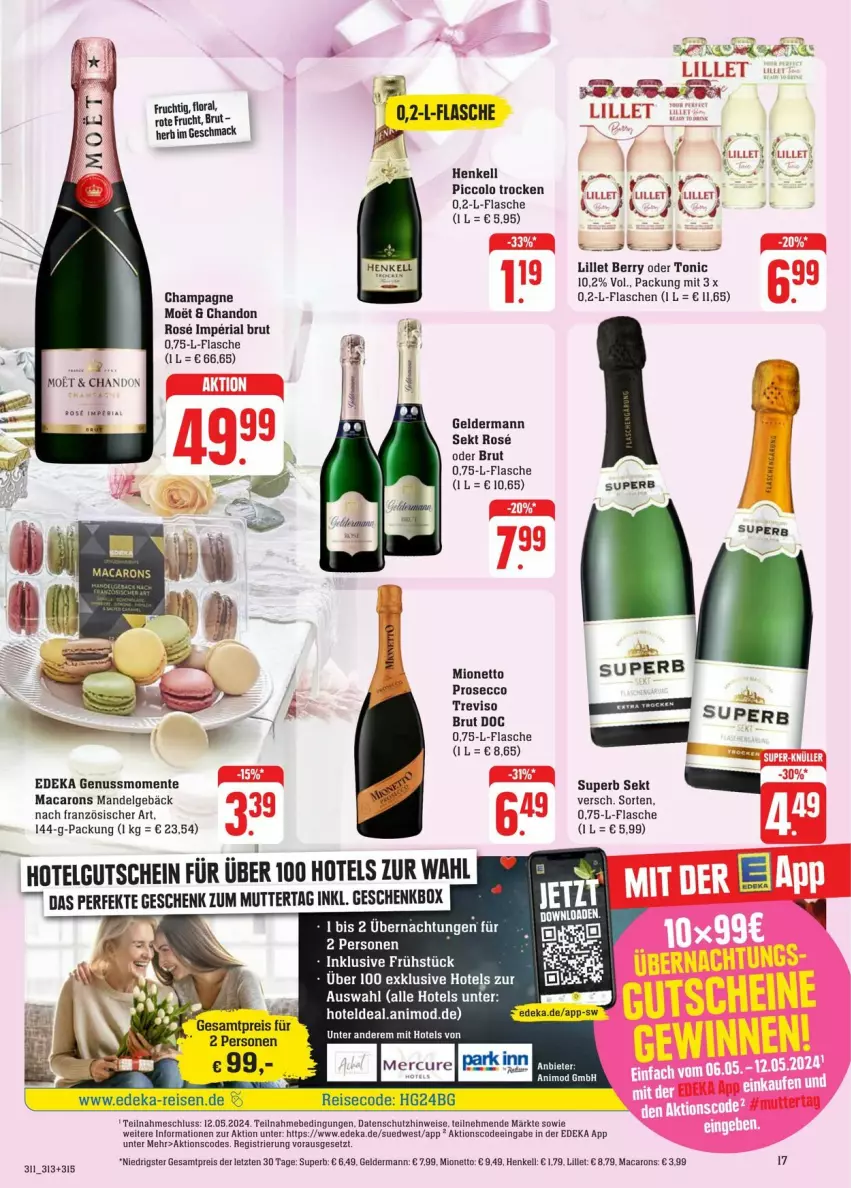 Aktueller Prospekt Edeka - Prospekte - von 04.05 bis 11.05.2024 - strona 21 - produkty: brut, champagne, deka, ecco, eis, ente, flasche, geldermann, gutschein, henkel, henkell, LG, lillet, mac, Macarons, mandel, mionetto, moet, nuss, prosecco, reis, Ria, sekt, Ti, tonic, ZTE