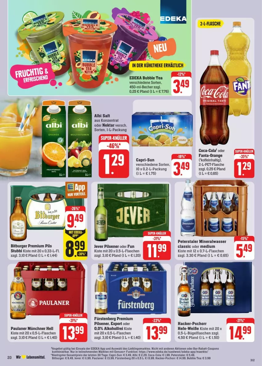 Aktueller Prospekt Edeka - Prospekte - von 04.05 bis 11.05.2024 - strona 26 - produkty: alkohol, Alwa, angebot, Becher, bitburger, bügel, bügelflasche, burger, Cap, capri-sun, coca-cola, cola, coupon, coupons, deka, eis, fanta, flasche, Fürstenberg, Hefe, jever, jever pilsener, lebensmittel, mineralwasser, Mineralwasser Classic, Nektar, nuss, orange, Paula, paulaner, pet-flasche, pils, pilsener, premium pils, rabatt-coupon, reis, saft, Ti, wasser, ZTE