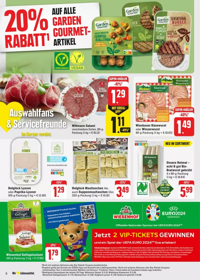 Aktueller Prospekt Edeka - Prospekte - von 04.05 bis 11.05.2024 - strona 8 - produkty: angebot, auer, Bau, Bauer, bio, bratwurst, coupon, coupons, deka, eis, elle, Geflügel, Käse, Käsewurst, lebensmittel, lyoner, maultaschen, nuss, paprika, rabatt-coupon, reis, salami, suppe, suppen, Tasche, taschen, Ti, wiesbauer, wiesenhof, wiltmann, Winzerwurst, wurst, Yo, ZTE