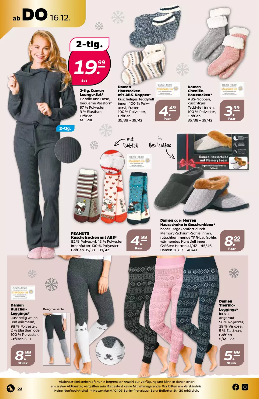 Aktueller Prospekt Netto - Prospekt - von 13.12 bis 18.12.2021 - strona 22 - produkty: auer, elle, Geschenkbox, gin, Hausschuhe, Haussocken, hose, Kuschelsocken, leggings, LG, lounge-set, Ria, schuhe, socken, Thermoleggings, Ti, ZTE