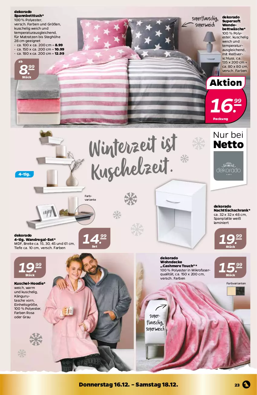 Aktueller Prospekt Netto - Prospekt - von 13.12 bis 18.12.2021 - strona 23 - produkty: bett, Betttuch, bettwäsche, Brei, cashmere, decke, latte, LG, matratze, matratzen, mikrofaser, regal, Ria, rwe, Schrank, spannbetttuch, Tasche, Ti, tisch, tuc, wandregal, wendebettwäsche