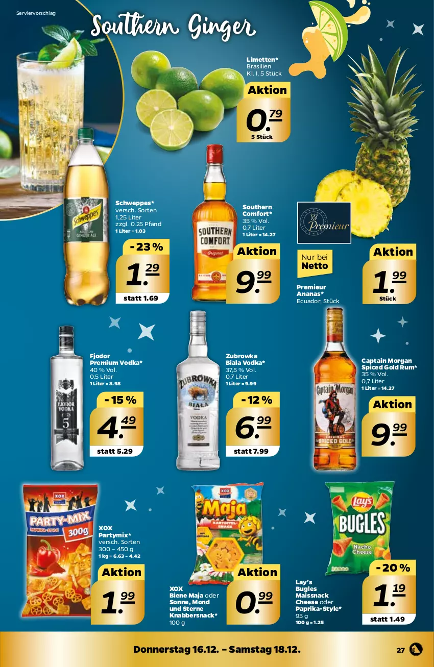 Aktueller Prospekt Netto - Prospekt - von 13.12 bis 18.12.2021 - strona 27 - produkty: ananas, bugles, Cap, captain morgan, eis, eiswürfel, gin, ginger, ginger ale, KnabberSnack, limette, limetten, mais, Mett, metten, paprika, premium vodka, rum, schweppes, snack, Southern Comfort, Ti, vodka, würfel