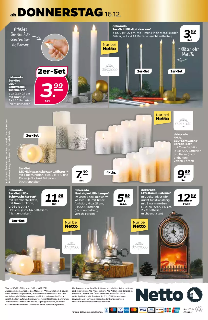 Aktueller Prospekt Netto - Prospekt - von 13.12 bis 18.12.2021 - strona 32 - produkty: alle artikel ohne dekoration, angebot, auer, batterie, batterien, dekoration, Draht, Echtwachskerzen, eis, elle, Finish, Kamin, kerze, Kette, lamm, Lampe, laterne, leds, LG, lichterkette, papier, reis, Schal, Ti, timer, uhr