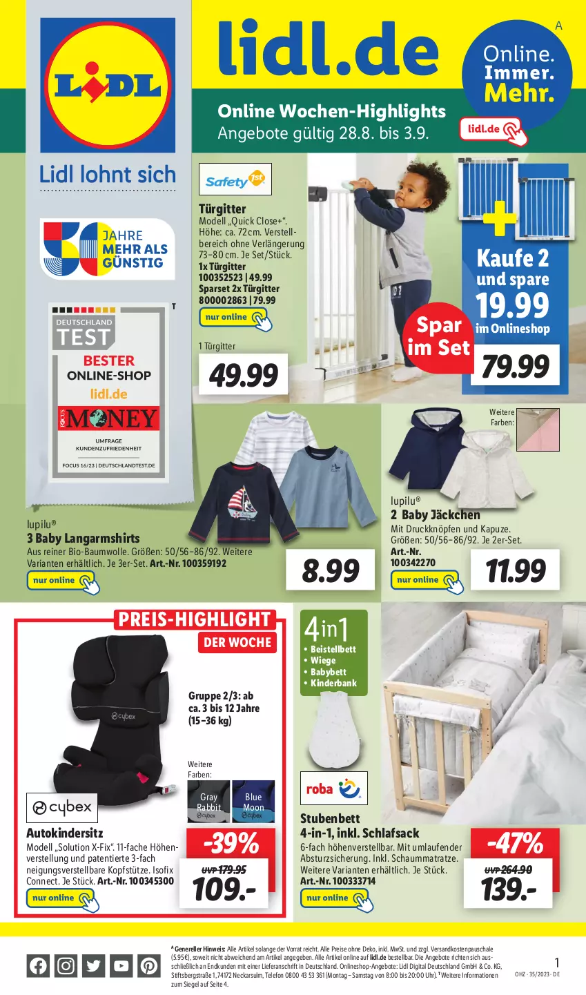 Aktueller Prospekt Lidl - Wochen-Highlights im Onlineshop - von 28.08 bis 03.09.2023 - strona 1 - produkty: angebot, angebote, auto, Bank, Bau, baumwolle, bett, bio, bio-baumwolle, dell, eis, elle, Kinder, Kindersitz, kopfstütze, Langarmshirt, Laufen, lupilu, matratze, Mode, ndk, reis, rel, Ria, sac, Schal, Schale, Schaummatratze, schlafsack, shirt, shirts, stube, telefon, Ti, uhr, wolle