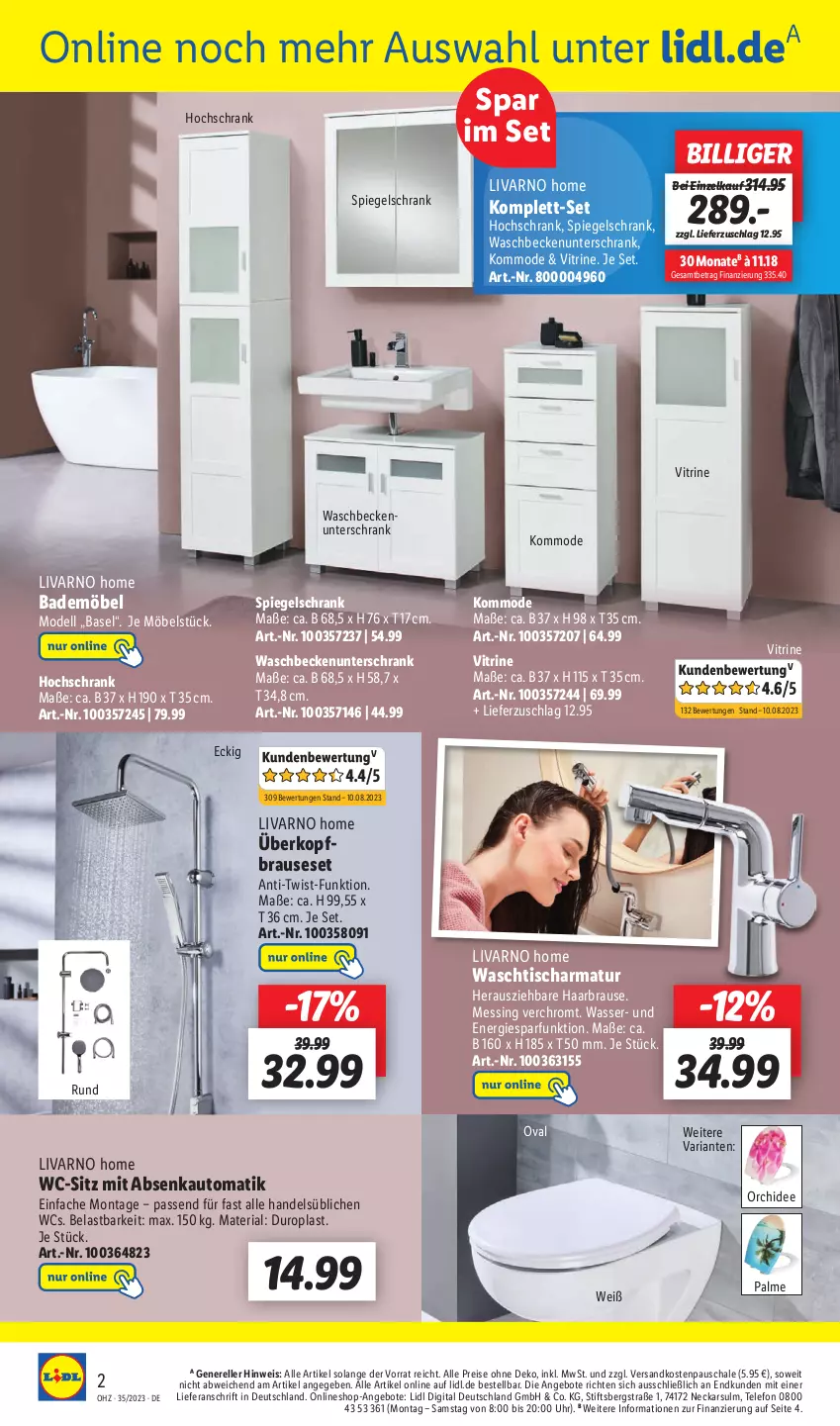 Aktueller Prospekt Lidl - Wochen-Highlights im Onlineshop - von 28.08 bis 03.09.2023 - strona 2 - produkty: angebot, angebote, armatur, auto, Bad, Bademöbel, Beckenunterschrank, brause, dell, eis, elle, hochschrank, kommode, möbel, Mode, ndk, orchidee, reis, rel, Ria, Schal, Schale, Schrank, spiegel, spiegelschrank, telefon, Ti, tisch, uhr, unterschrank, vitrine, waschbecken, waschbeckenunterschrank, waschtisch, waschtischarmatur, wasser, wc-sitz