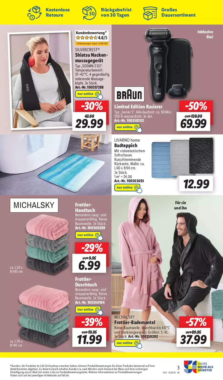 Aktueller Prospekt Lidl - Wochen-Highlights im Onlineshop - von 28.08 bis 03.09.2023 - strona 3 - produkty: akku, asti, auer, Bad, Bademantel, badteppich, Bau, baumwolle, duschtuch, Ergee, handtuch, korb, Mantel, Massagegerät, rasierer, reine baumwolle, silvercrest, teppich, Ti, Tiere, tisch, Trockner, tuc, wasser, weck, wolle