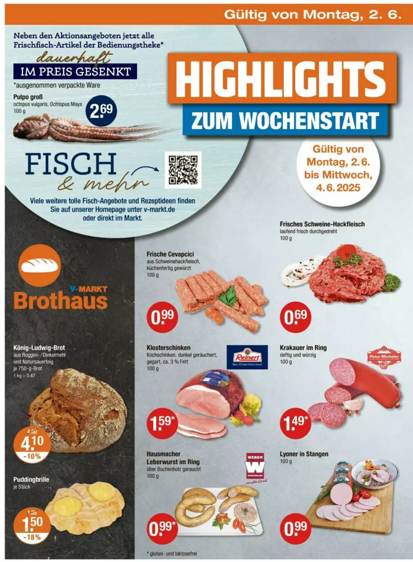Aktueller Prospekt Vmarkt - Prospekte - von 30.05 bis 04.06.2025 - strona 22 - produkty: angebot, angebote, auer, brot, buch, cevapcici, dinkelmehl, eis, fisch, fleisch, frischfisch, gewürz, hackfleisch, Hausmacher, Holz, kochschinken, krakauer, küche, Küchen, Laufen, leberwurst, LG, lyoner, mac, mehl, natur, Omep, Rauch, rezept, ring, schinken, schwein, schweine, Schweinehackfleisch, Ti, wein, weine, wurst, Yo