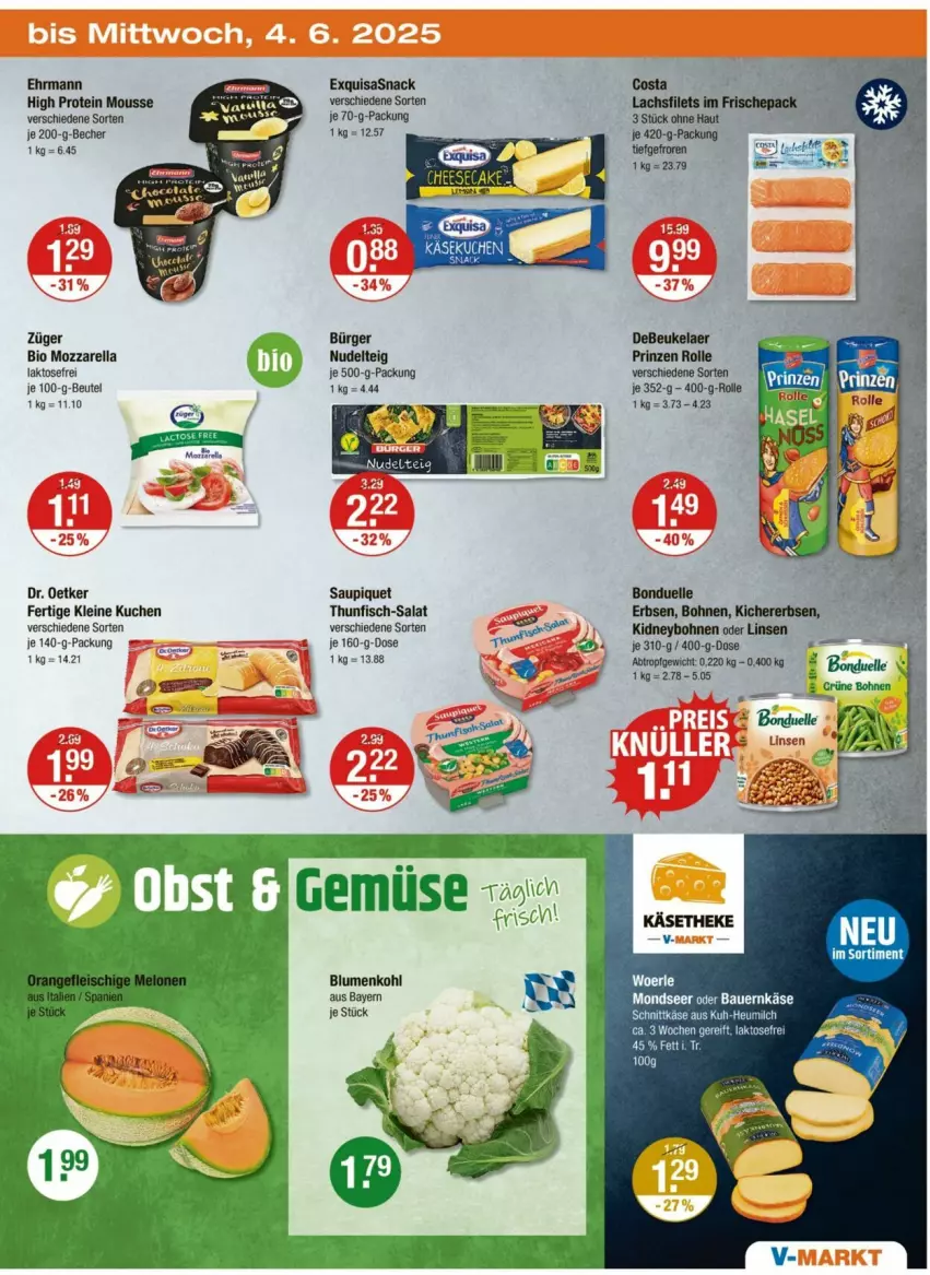 Aktueller Prospekt Vmarkt - Prospekte - von 30.05 bis 04.06.2025 - strona 23 - produkty: auer, Bau, Bauer, Becher, beutel, bio, blume, blumen, blumenkohl, bohne, bohnen, bonduelle, debeukelaer, Dr. Oetker, ehrmann, elle, erbsen, exquisa, fisch, grüne bohnen, Käse, kichererbsen, kuchen, leine, linsen, mousse, mozzarella, nudel, prinzen rolle, rel, salat, saupiquet, snack, thunfisch, Ti