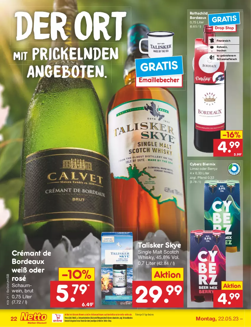 Aktueller Prospekt Netto Marken-Discount - Filial-Angebote - von 22.05 bis 27.05.2023 - strona 22 - produkty: angebot, angebote, Becher, bestpreis, bier, braten, brut, eis, fleisch, maille, ndk, reis, rotwein, schwein, schweine, schweinefleisch, scotch, scotch whisky, single malt, Ti, wein, weine, whisky