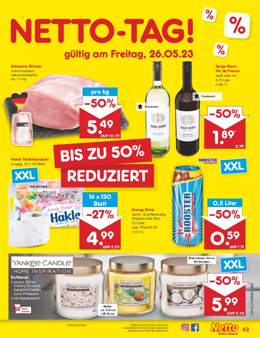 Aktueller Prospekt Netto Marken-Discount - Filial-Angebote - von 22.05 bis 27.05.2023 - strona 43 - produkty: angebot, Apple, auer, bestpreis, coconut, decke, Deckel, drink, Duftkerze, eis, energy drink, gin, hakle, hakle toilettenpapier, kerze, papier, reis, schwein, schweine, Ti, toilettenpapier, vin de france, wein, weine, ZTE