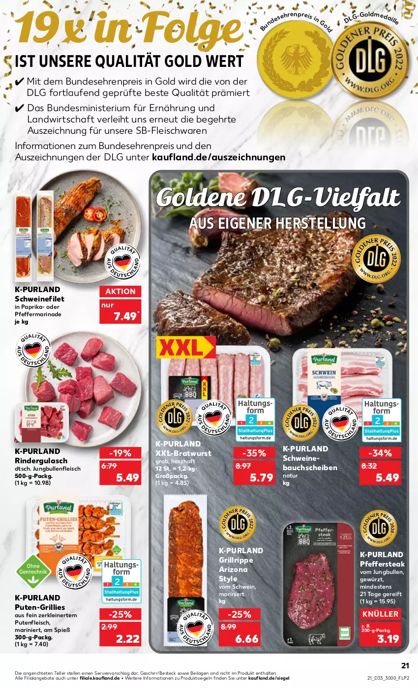 Aktueller Prospekt Kaufland - von 18.08 bis 24.08.2022 - strona 21 - produkty: angebot, angebote, Bau, bauchscheiben, besteck, bratwurst, eis, elle, filet, fleisch, fleischwaren, geschirr, gewürz, grill, grillrippe, gulasch, ilag, jungbullen, Laufen, leine, LG, marinade, natur, paprika, pfeffer, purland, pute, Putenfleisch, reis, rind, rinder, rindergulasch, schwein, schweine, Schweinebauch, schweinebauchscheiben, schweinefilet, steak, teller, Ti, wein, weine, wurst