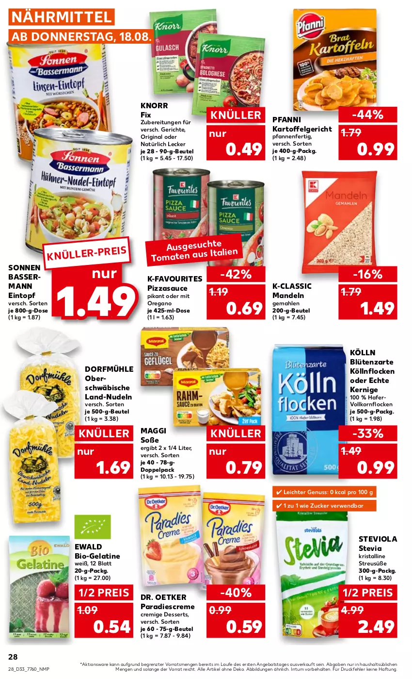 Aktueller Prospekt Kaufland - von 18.08 bis 24.08.2022 - strona 28 - produkty: angebot, beutel, bio, Blüte, creme, dessert, desserts, Dr. Oetker, eintopf, eis, gelatine, gin, hafer, kartoffel, knorr, knorr fix, kölln, korn, LG, maggi, mandel, mandeln, nudel, nudeln, nuss, pfanne, pfannen, pfanni, pizza, reis, rwe, sauce, Soße, Ti, tomate, tomaten, topf, ZTE, zucker