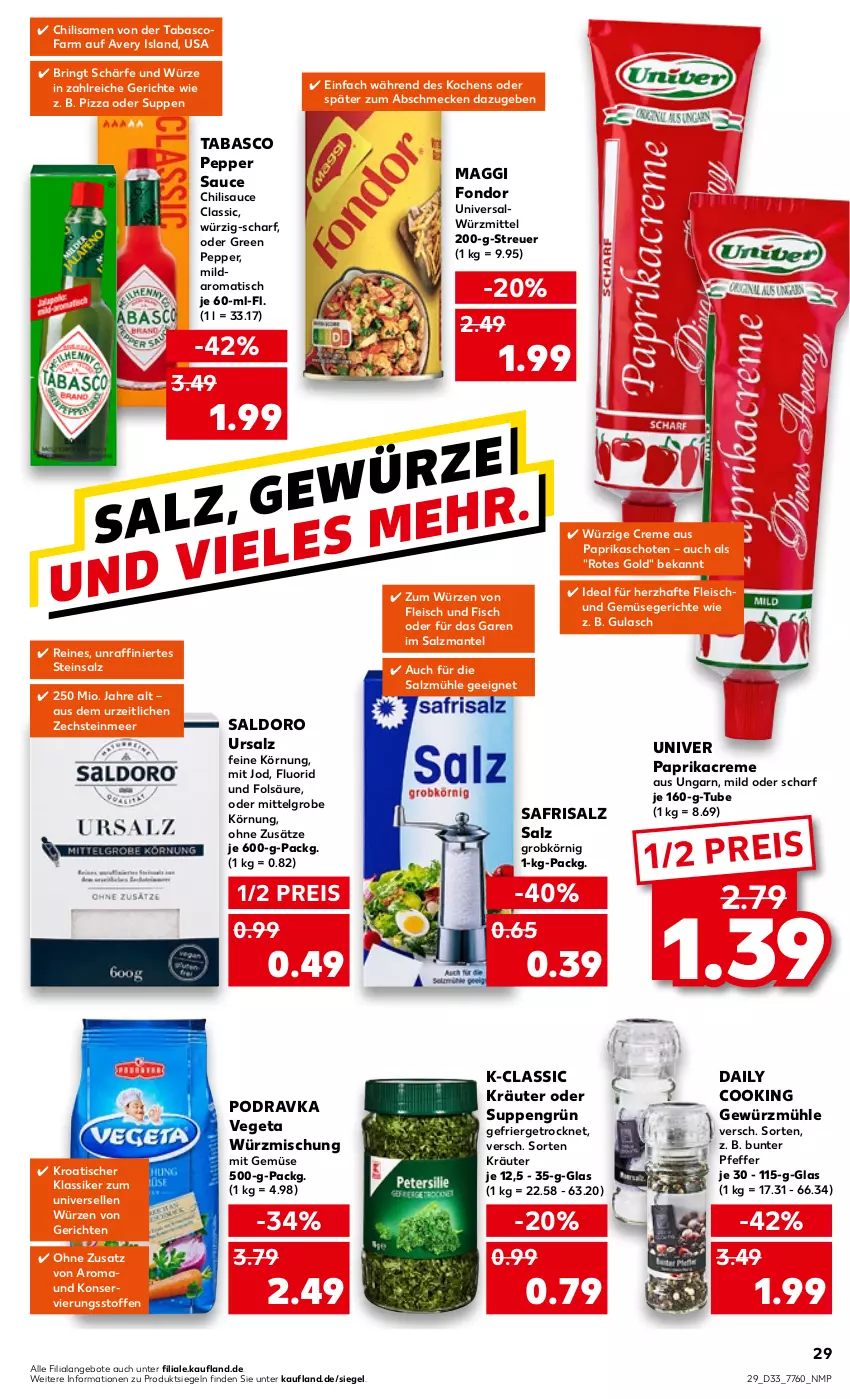 Aktueller Prospekt Kaufland - von 18.08 bis 24.08.2022 - strona 29 - produkty: angebot, angebote, chili, creme, eis, elle, fisch, fleisch, gewürz, Gewürzmühle, gulasch, kräuter, LG, maggi, Mantel, mit gemüse, paprika, Paprikacreme, pfeffer, pizza, reis, ring, salz, Salzmühle, sauce, suppe, suppen, tabasco, Ti, tisch, und gemüse, Vegeta