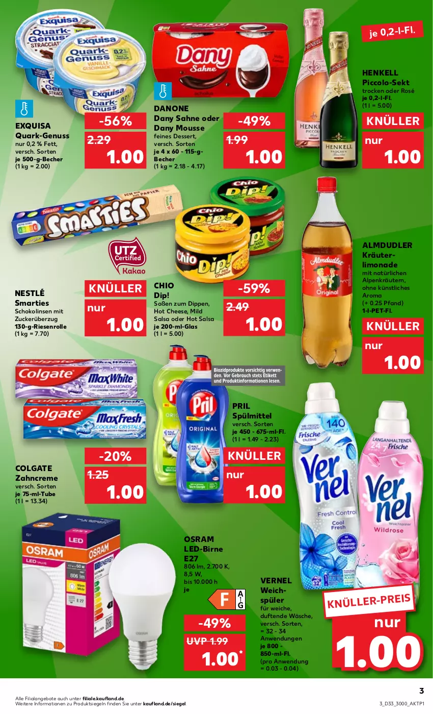 Aktueller Prospekt Kaufland - von 18.08 bis 24.08.2022 - strona 3 - produkty: almdudler, angebot, angebote, Becher, colgate, creme, danone, Dany, dany sahne, dessert, dip, eis, exquisa, henkel, henkell, kräuter, kräutern, LG, limo, limonade, linsen, mousse, nestlé, nuss, Osram, pril, quark, sahne, Salsa, schoko, Schokolinsen, sekt, smarties, Soße, spülmittel, Ti, vernel, weichspüler, zahncreme, zucker