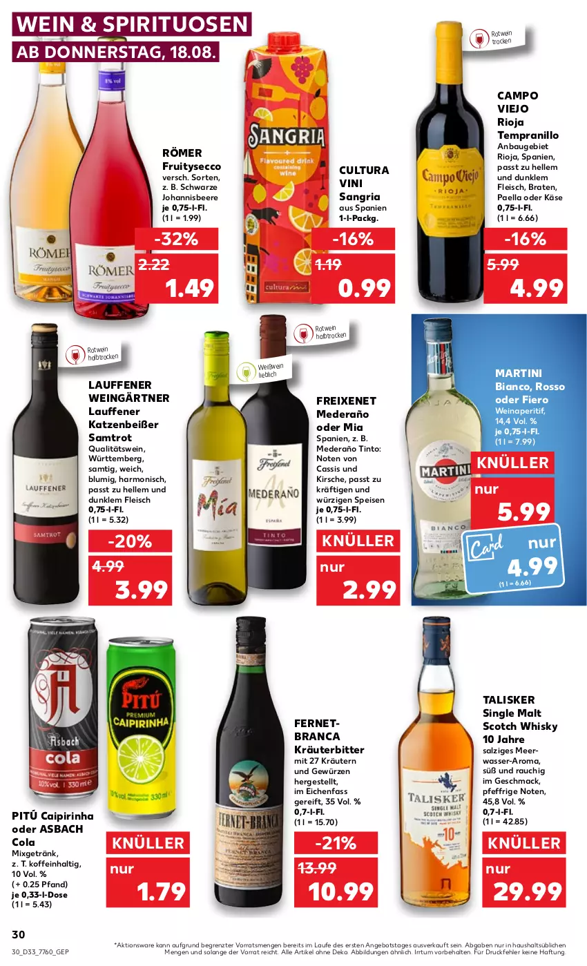 Aktueller Prospekt Kaufland - von 18.08 bis 24.08.2022 - strona 30 - produkty: angebot, aperitif, Bau, beere, braten, caipirinha, campo viejo, cassis, cola, ecco, eis, elle, Fernet, fleisch, freixenet, getränk, gewürz, johannisbeere, Käse, kirsch, kirsche, kräuter, kräutern, mac, martini, Meerwasser, Mixgetränk, paella, qualitätswein, Rauch, Ria, rioja, rotwein, salz, sangria, scotch, scotch whisky, single malt, spirituosen, tempranillo, Ti, wasser, wein, Weißwein, whisky, ZTE