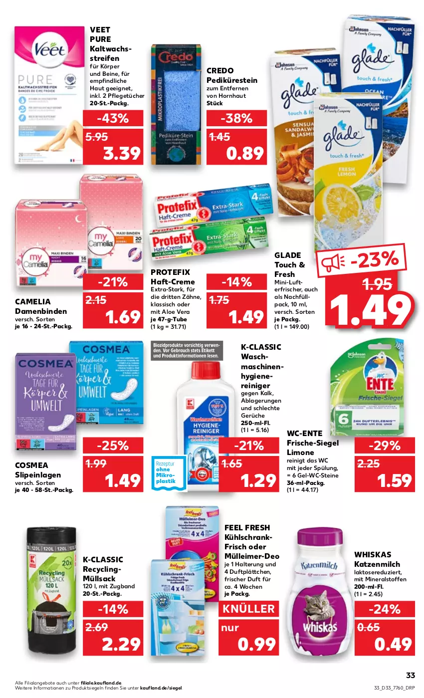 Aktueller Prospekt Kaufland - von 18.08 bis 24.08.2022 - strona 33 - produkty: aloe vera, angebot, angebote, binden, camelia, Clin, cosmea, creme, Damenbinden, deo, eimer, ente, Glade, kaltwachsstreifen, katzenmilch, kühlschrank, leimer, limo, lufterfrischer, milch, reifen, reiniger, sac, Schrank, slip, slipeinlagen, spülung, Ti, tücher, veet, waschmaschine, waschmaschinen, WC-Steine, whiskas