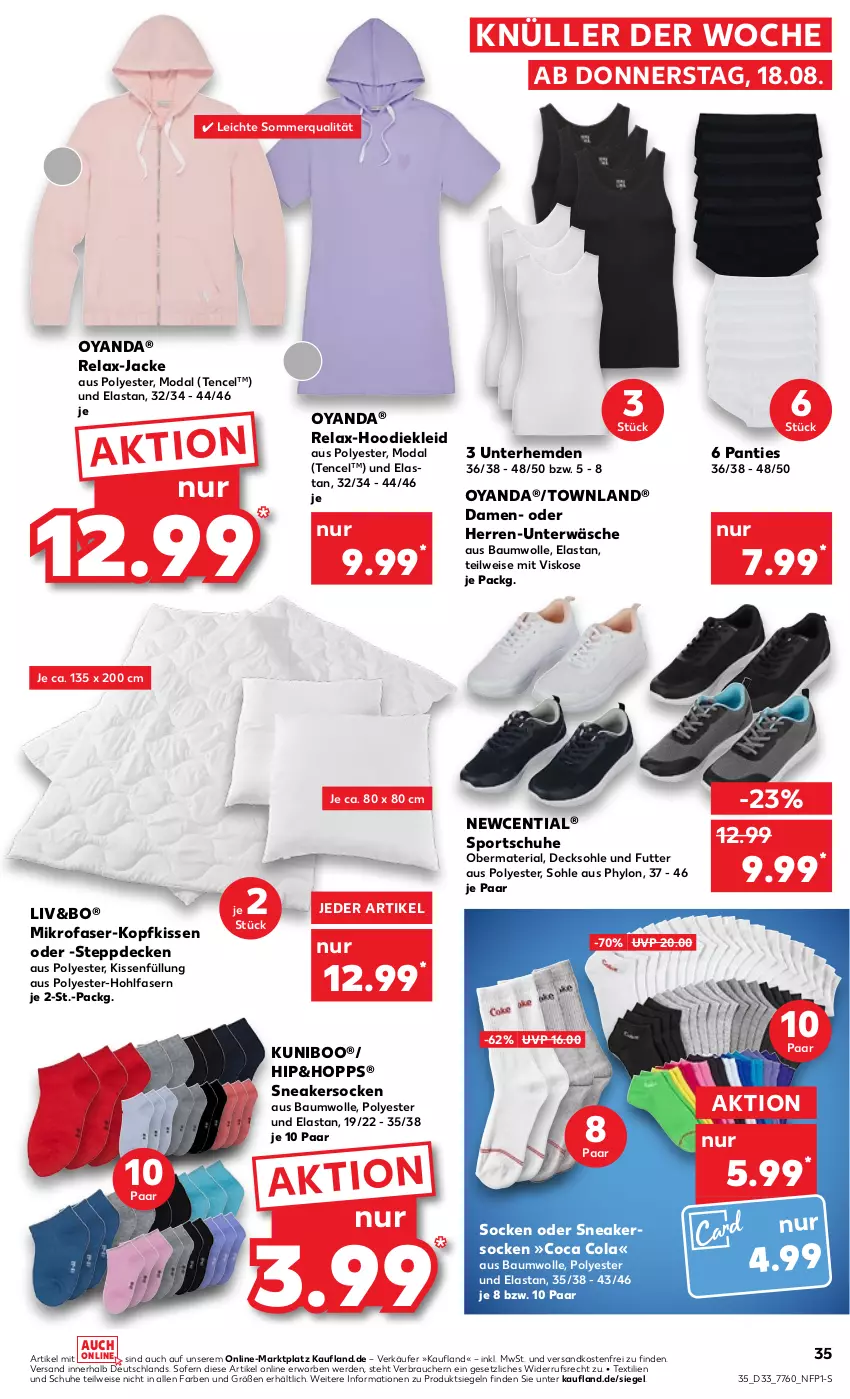 Aktueller Prospekt Kaufland - von 18.08 bis 24.08.2022 - strona 35 - produkty: Bau, baumwolle, cola, decke, decksohle, eis, erde, hemd, hemden, Hylo, Jacke, kissen, kleid, kopfkissen, mikrofaser, ndk, Rauch, rel, Ria, schuhe, senf, sneaker, sneakersocken, socken, Sport, sportschuhe, Steppdecke, Ti, Unterhemd, unterhemden, Unterwäsche, versandkostenfrei, wolle