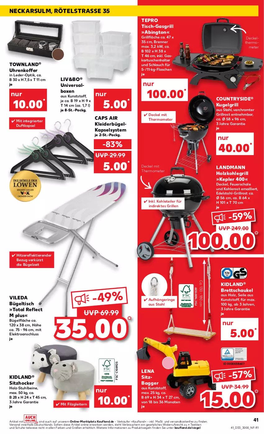 Aktueller Prospekt Kaufland - von 18.08 bis 24.08.2022 - strona 41 - produkty: bügel, bügeltisch, Cap, decke, Deckel, edelstahl, eis, Elektro, erde, feuerschale, flasche, gasgrill, grill, grillfläche, grillrost, hocker, Holz, holzkohle, holzkohlegrill, kleid, kleider, kleiderbügel, koffer, Kohlegrill, Kugel, kugelgrill, LG, mit thermometer, ndk, Rauch, ring, Schal, Schale, Schaukel, schlauch, schuhe, stuhl, tepro, thermometer, Ti, Tiere, tisch, uhr, versandkostenfrei, vileda